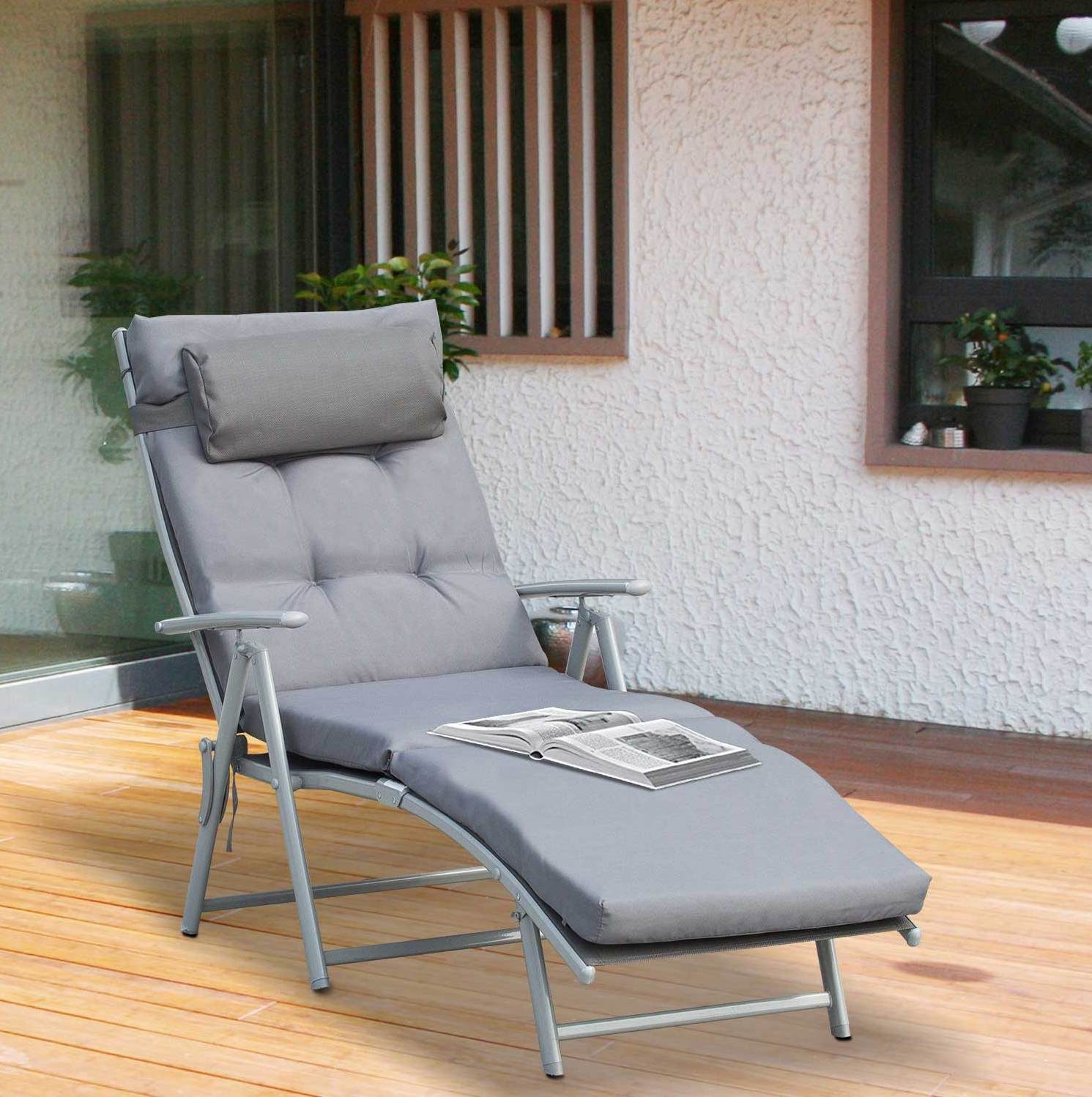 OKWISH Gartenliege Gartenstuhl klappbar Grau 137x63,5x100,5 cm Gartenliege Metall, Packung, 1 St., Faltbare Gartenliege aus Metall & Stoff für Terrasse & Balkon, Verstellbare Strandliege mit Kissen, komfortabel für Outdoor