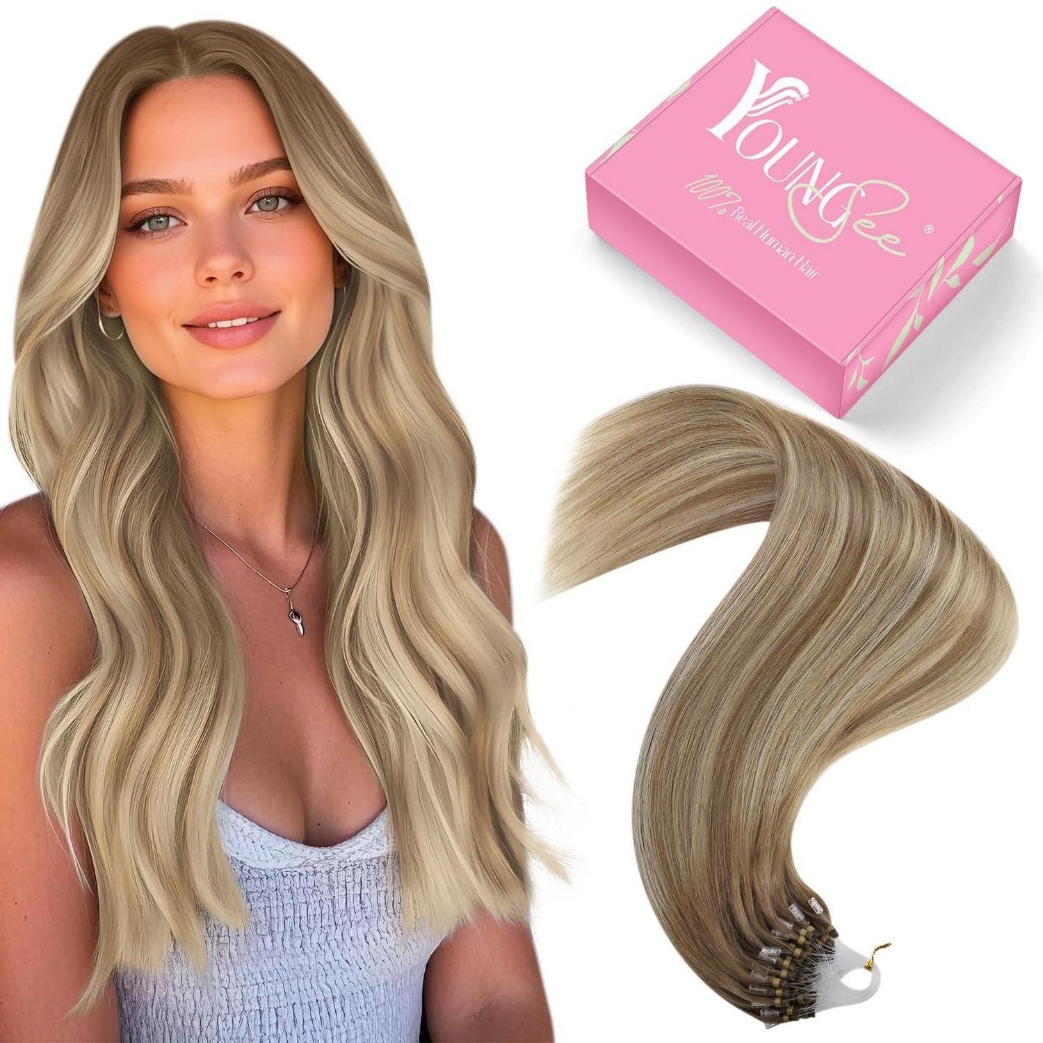 Echthaar-Extension Extensions Echthaar 55 cm-Micro 3-Micro-4-#Hellbraun Ombre Platinblond