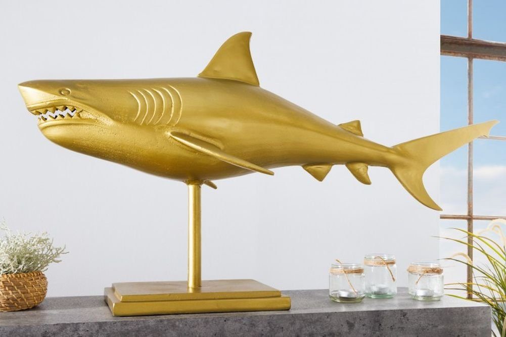 103cm Maritim Deko-Figur Skulptur gold Aluminium Dekoobjekt SHARK Hai LebensWohnArt Haifisch