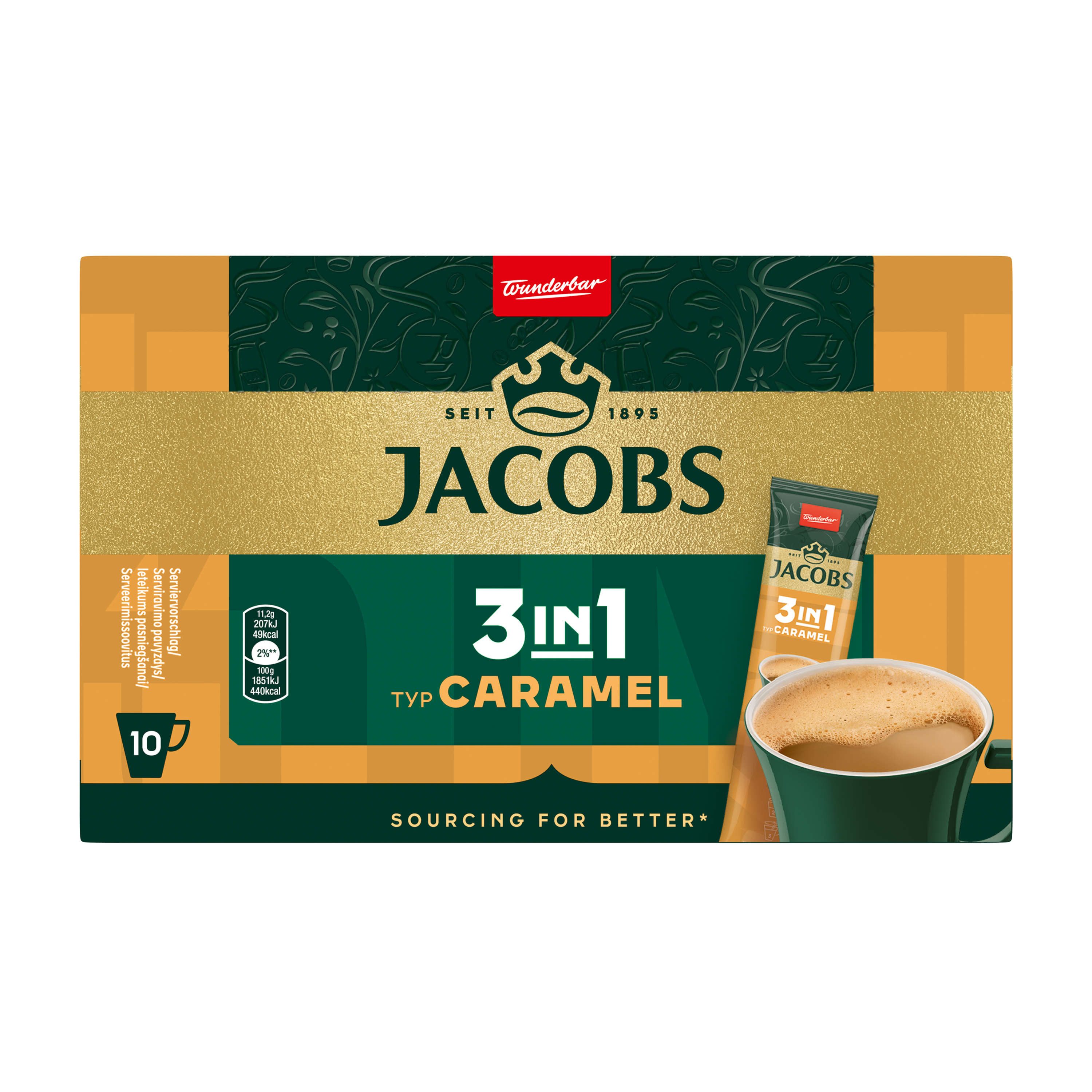 JACOBS Kaffee Löskaffee 3in1 Typ Caramel Instantkaffee 12 x 10 = 120 Getränke, (Packung, 12er Pack)