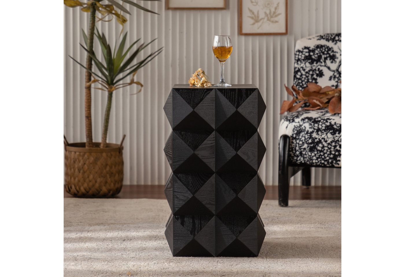 Celya Nachttisch 60CM Höhe dreidimensionale geprägte Muster Design Retro Beistelltisch, Retro Holz Nachttisch Schwarz, keine Montage erforderlich