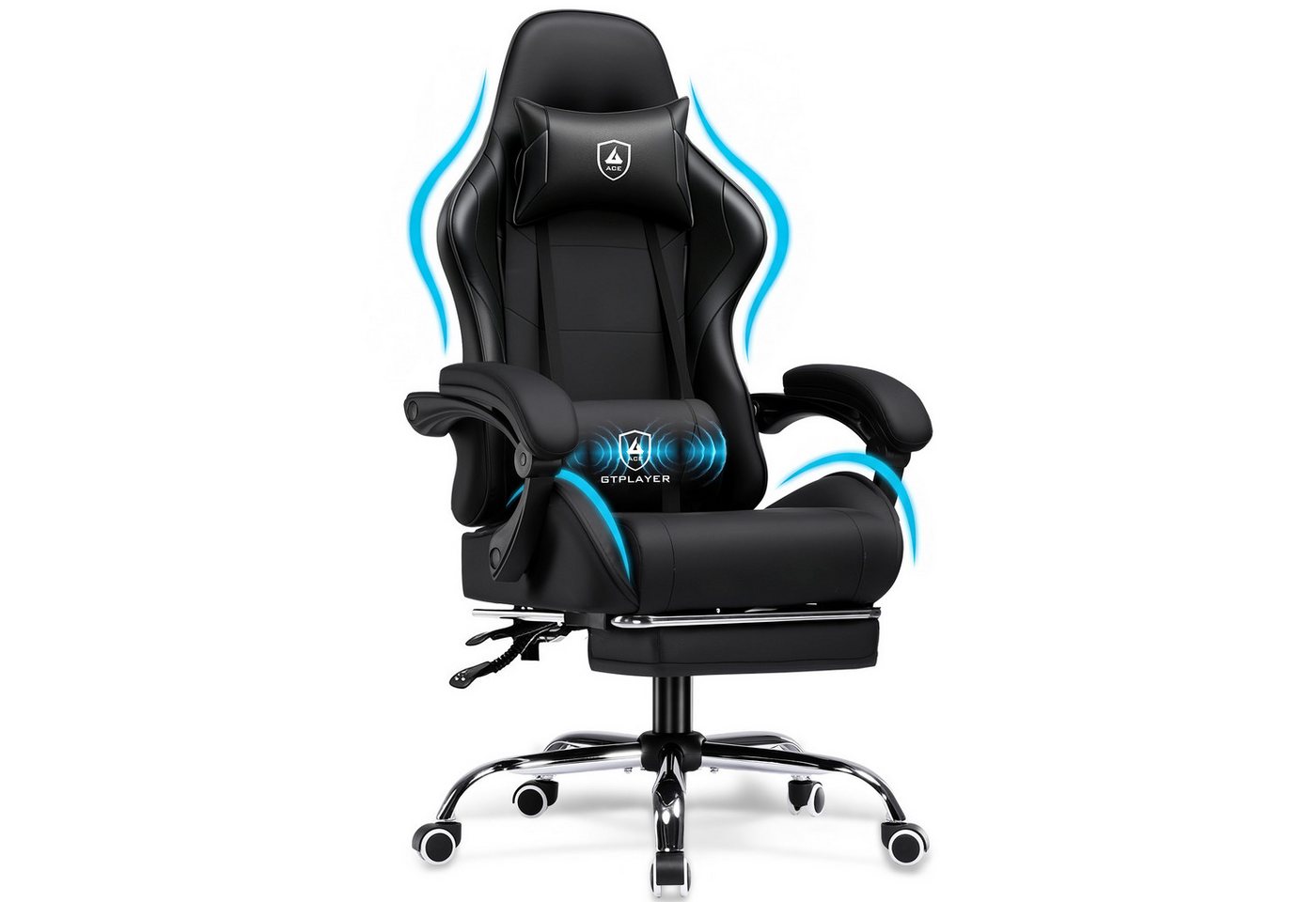 GTPLAYER Gaming-Stuhl Bürostuhl mit Massagefunktion, Fußstütze, Kopfstütze (Packung), Ergonomischer Gamer Stuhl Maximale Belastung 150 kg, 360° drehbar