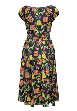QueenKerosin Sommerkleid Hibiskus Black mit tropischem All-Over-Print