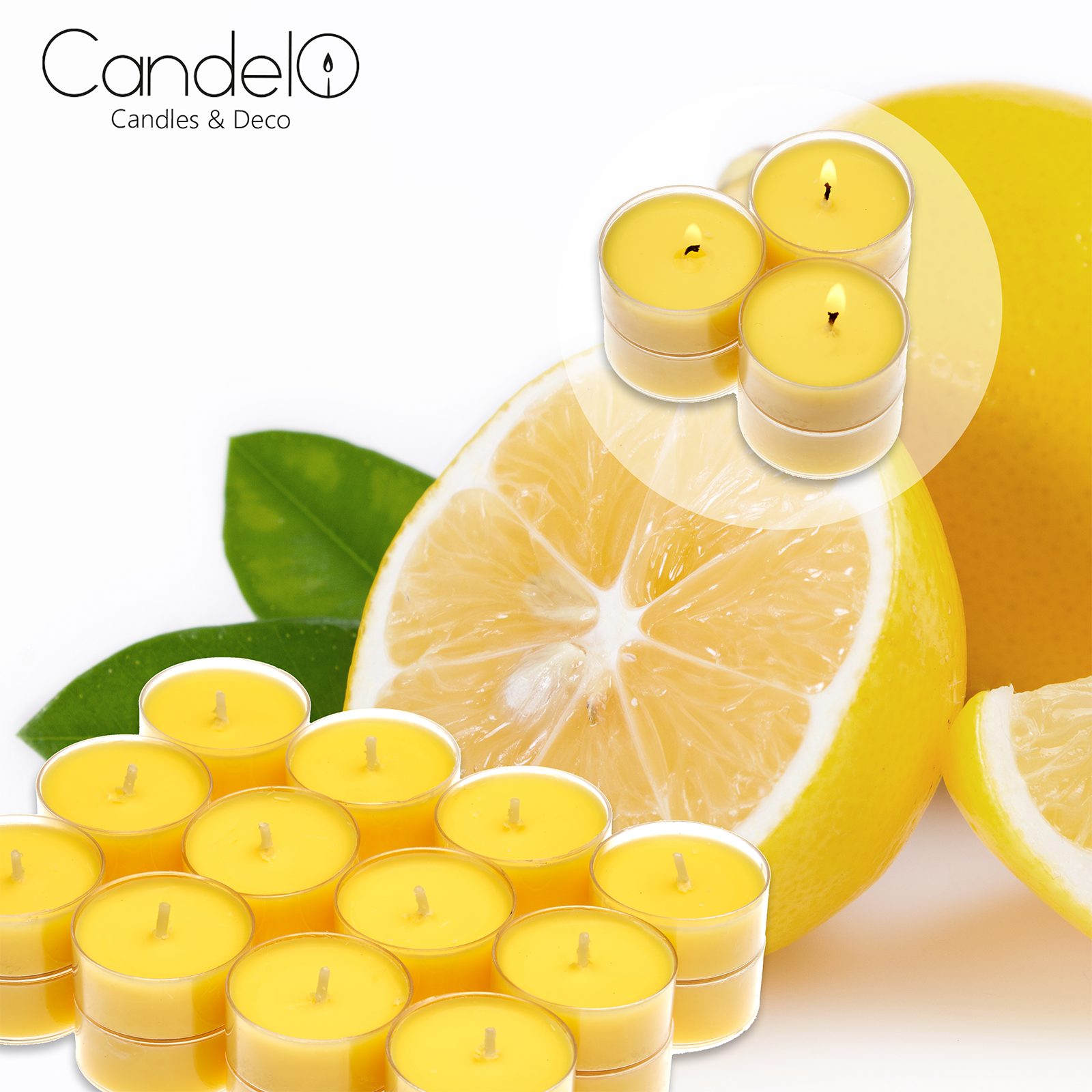 Candelo Teelicht Duft Kerzen - Duftteelichter Citronella - in Kunststoff Hülle (24er Set, 24-tlg), Zitronenduft - 4 Std Brenndauer – Teelichter Zitronella