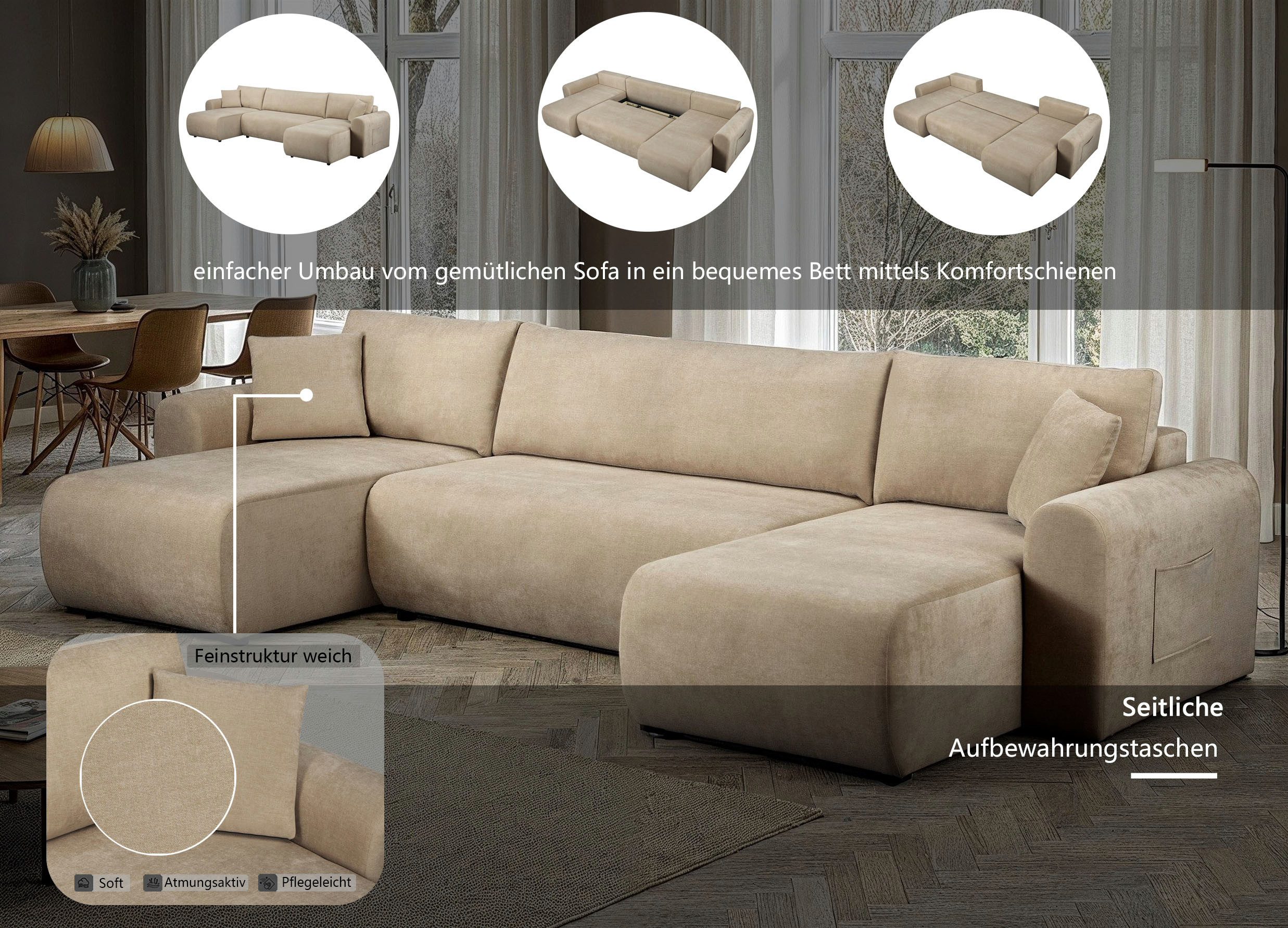 OTTO home Wohnlandschaft JONAA Feinstruktur, U-Form, 311 cm. -OTTO. Verlässliche Qualität, Tonnentaschen-Federkern, Bettkasten, Schlafsofa (133/270)