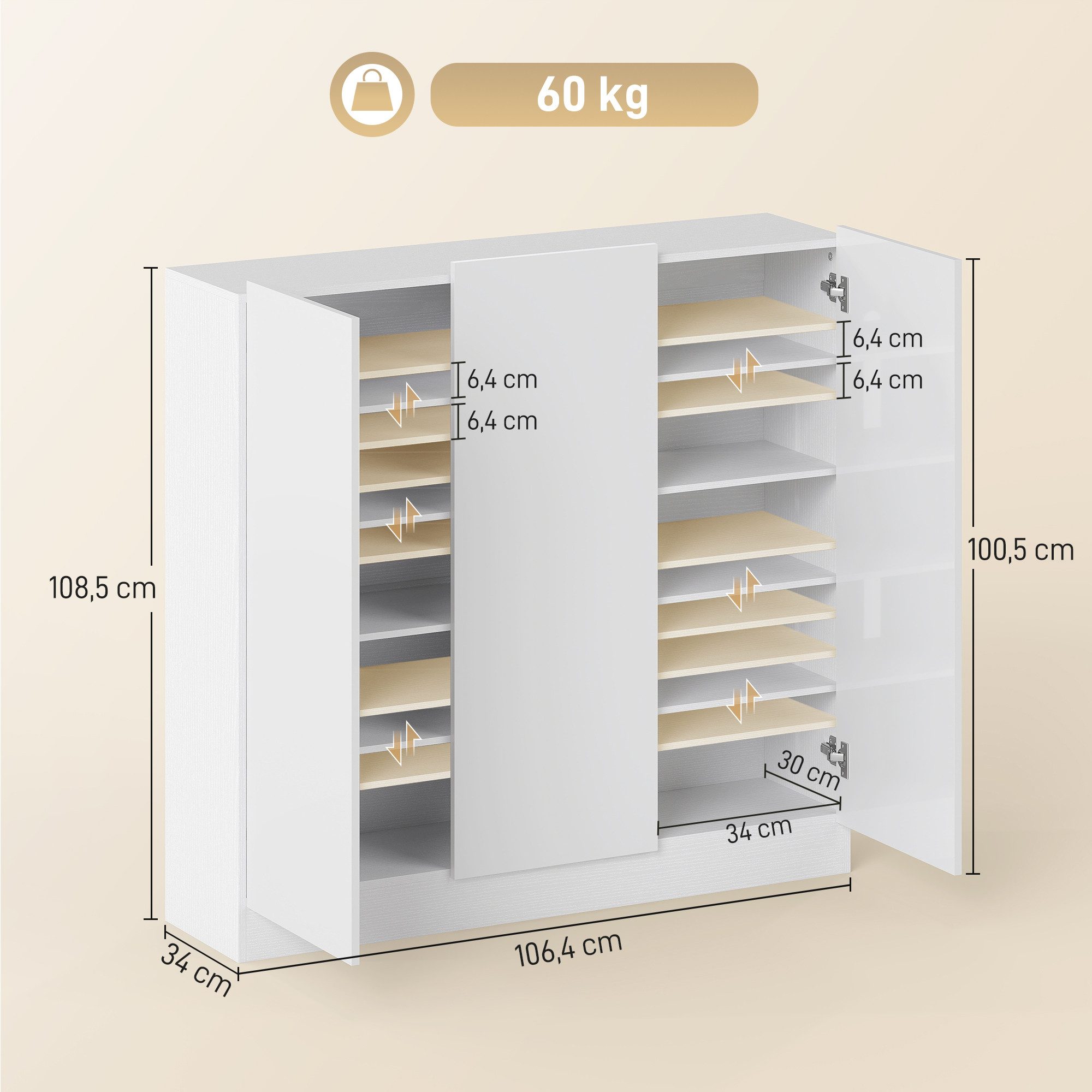 HOMCOM Schuhschrank für 25-30 Schuh-Paare (Schuhkommode, 1-St., Schuhaufbewahrung) verstellbare Regale, Weiß