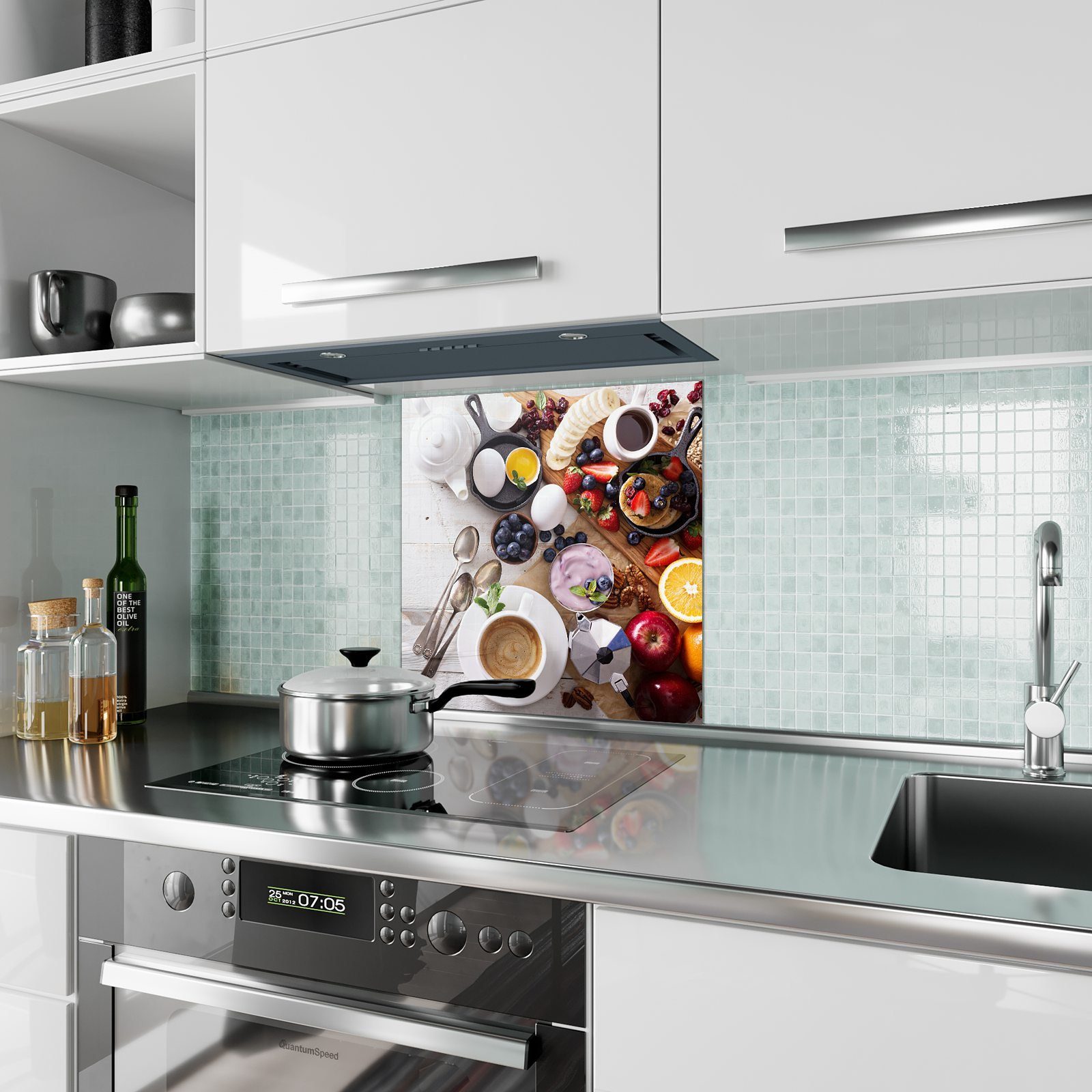 Primedeco Küchenrückwand Küchenrückwand Spritzschutz Glas Motiv Bunter Frühstückstisch mit