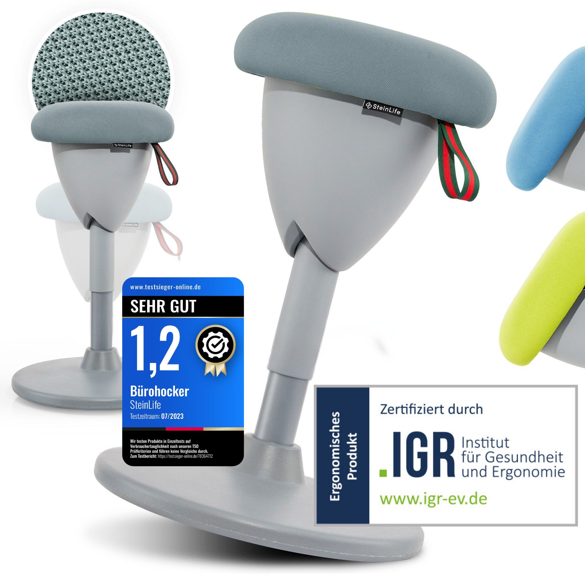 Steinlife Arbeitshocker Ergonomischer Bürohocker [Aktives Sitzen, Gesunde Haltung] (Stehhocker Höhenverstellbar [58-83cm] Ergonomischer Hocker für Büro [Schwingeffekt] Wackelhocker Stehhocker, Arbeitshocker rutschfest Drehhocker)