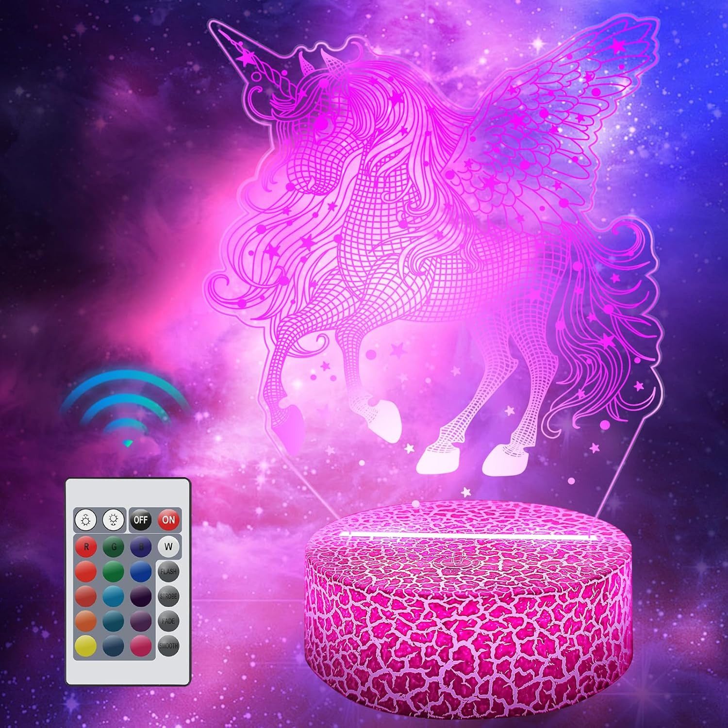 LA CUTE LED Nachtlicht Einhorn LED Nachtlicht Kinder mit 3D-Effekt & Fernbedienung, 3D Einhorn Lampe mit 16 Farben und Fernbedienung