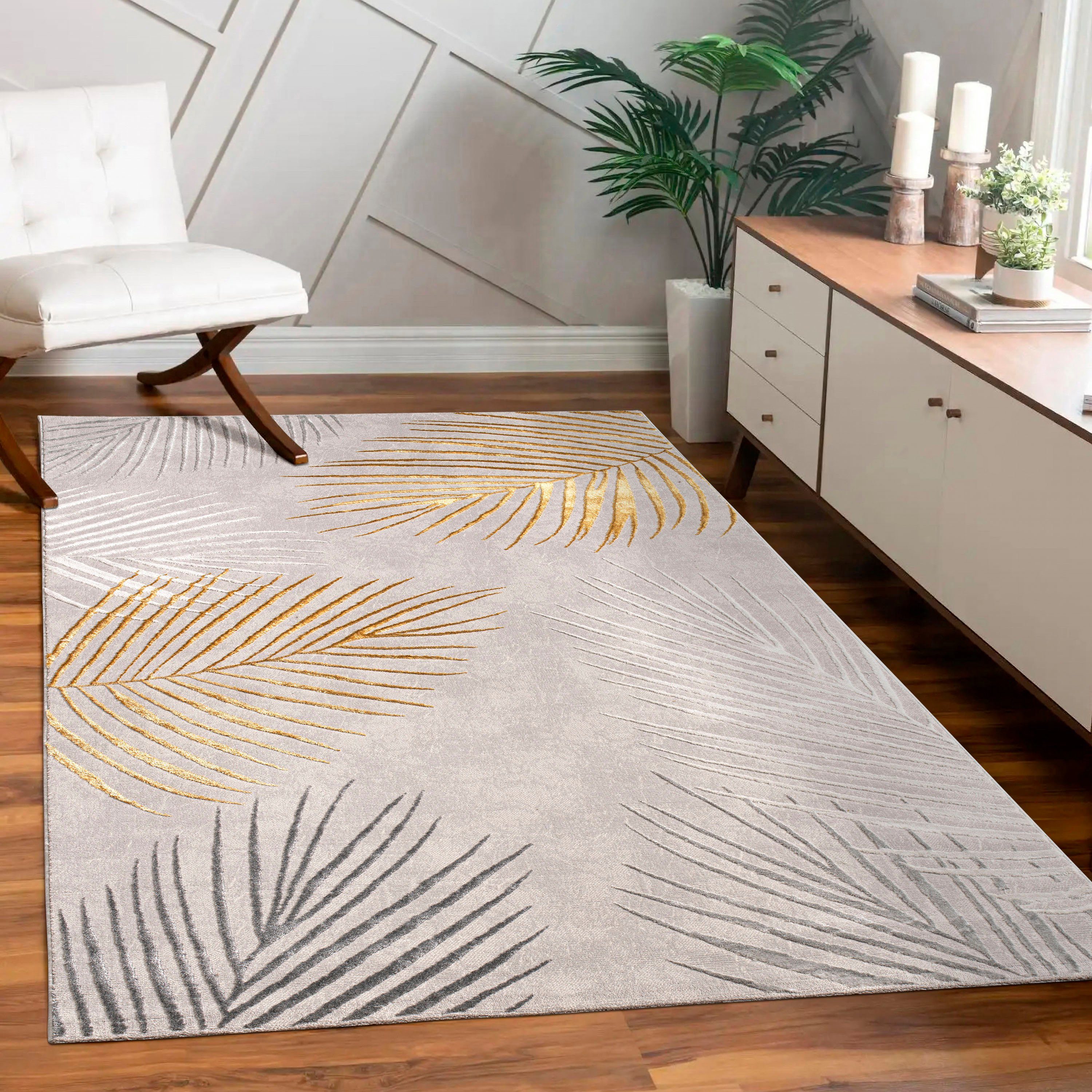 Paco Home Teppich Tuana 218, rechteckig, Höhe: 15 mm, Kurzflor, modernes Blätter Design, Hoch-Tief-Struktur, Wohnzimmer