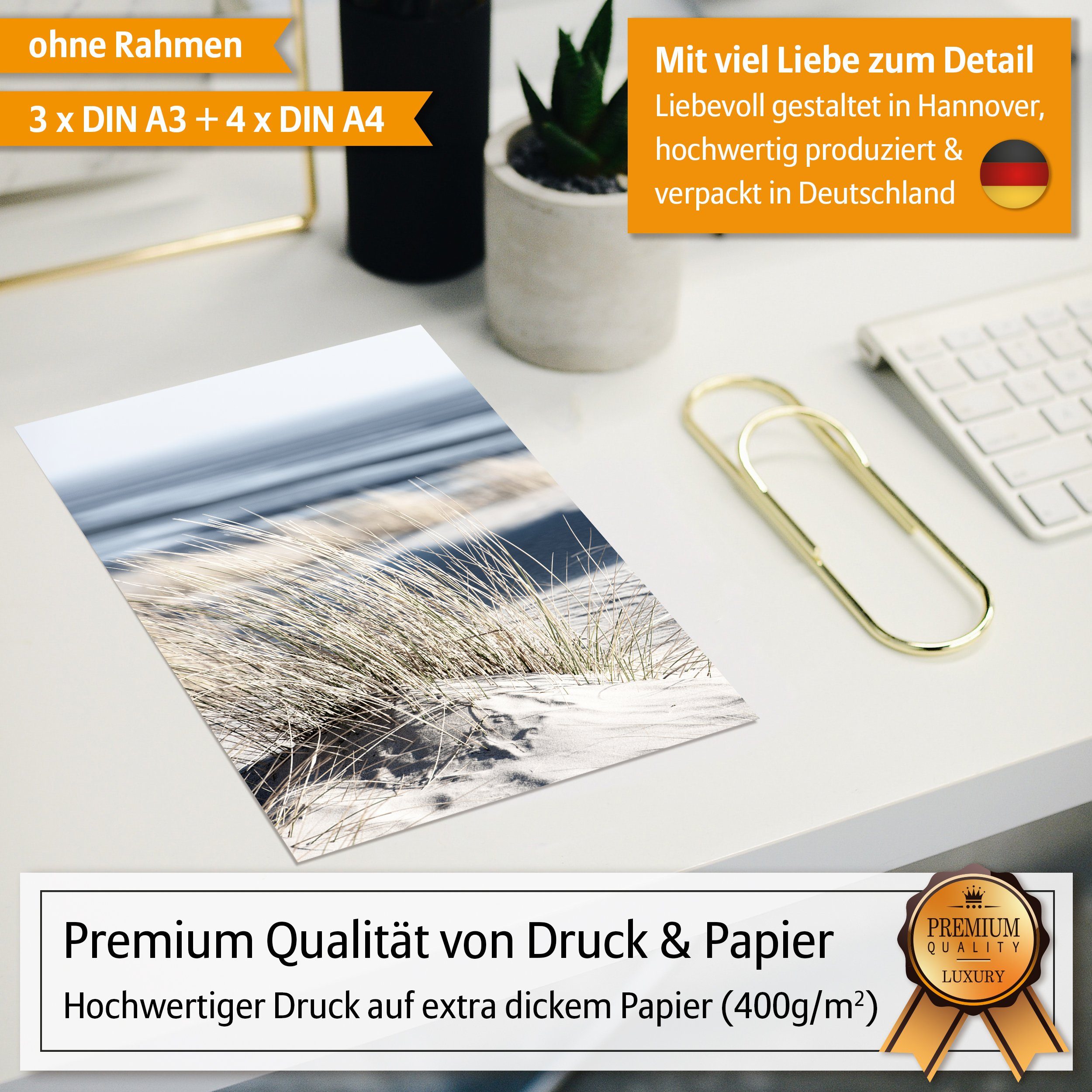 Hyggelig Home Poster Strand - Premium Poster Set OHNE & MIT Rahmen - 7 Wandbilder Ocean, Meer (Set, 7 St), Collage Ostsee, Qualitätsdruck auf dickem Papier