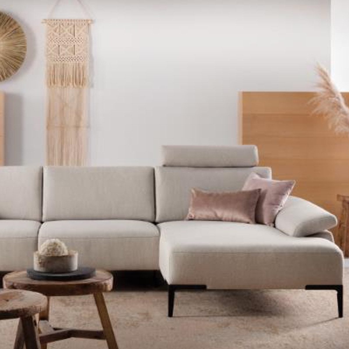 Rom Loungesofa Wave, Ecksofa, Sofa, Funktionssofa, Stoffbezug grau, mit klappbaren Armlehnen, Sitztiefenverstellung, Kopfstütze