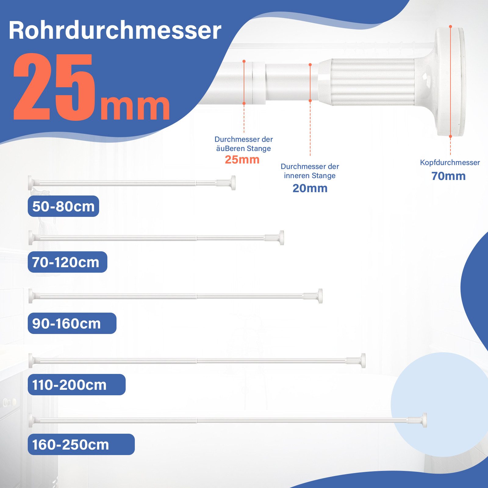 Homewit Duschvorhangstange Ø 25 mm, 50-160cm, günstig online kaufen