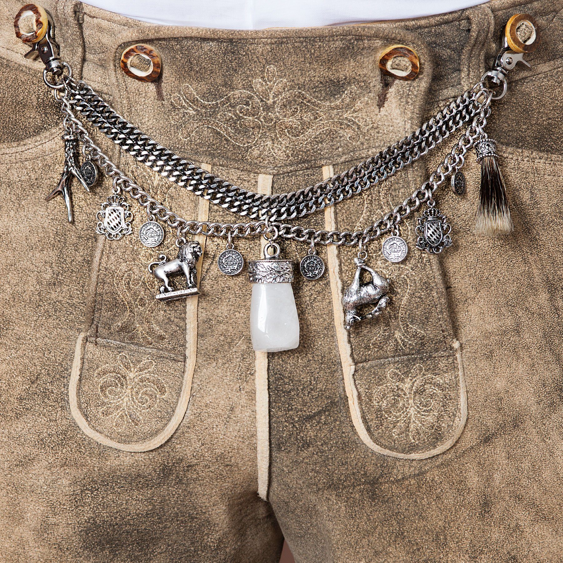 echtes Trophäen-Anhängern die Anhänger Lederhose, Herren-Trachtenschmuck mit Kette Trachten-Charivari Hochwertiger Hirschhorn (antik-silber-farben), - Alpenflüstern für mit Benedikt