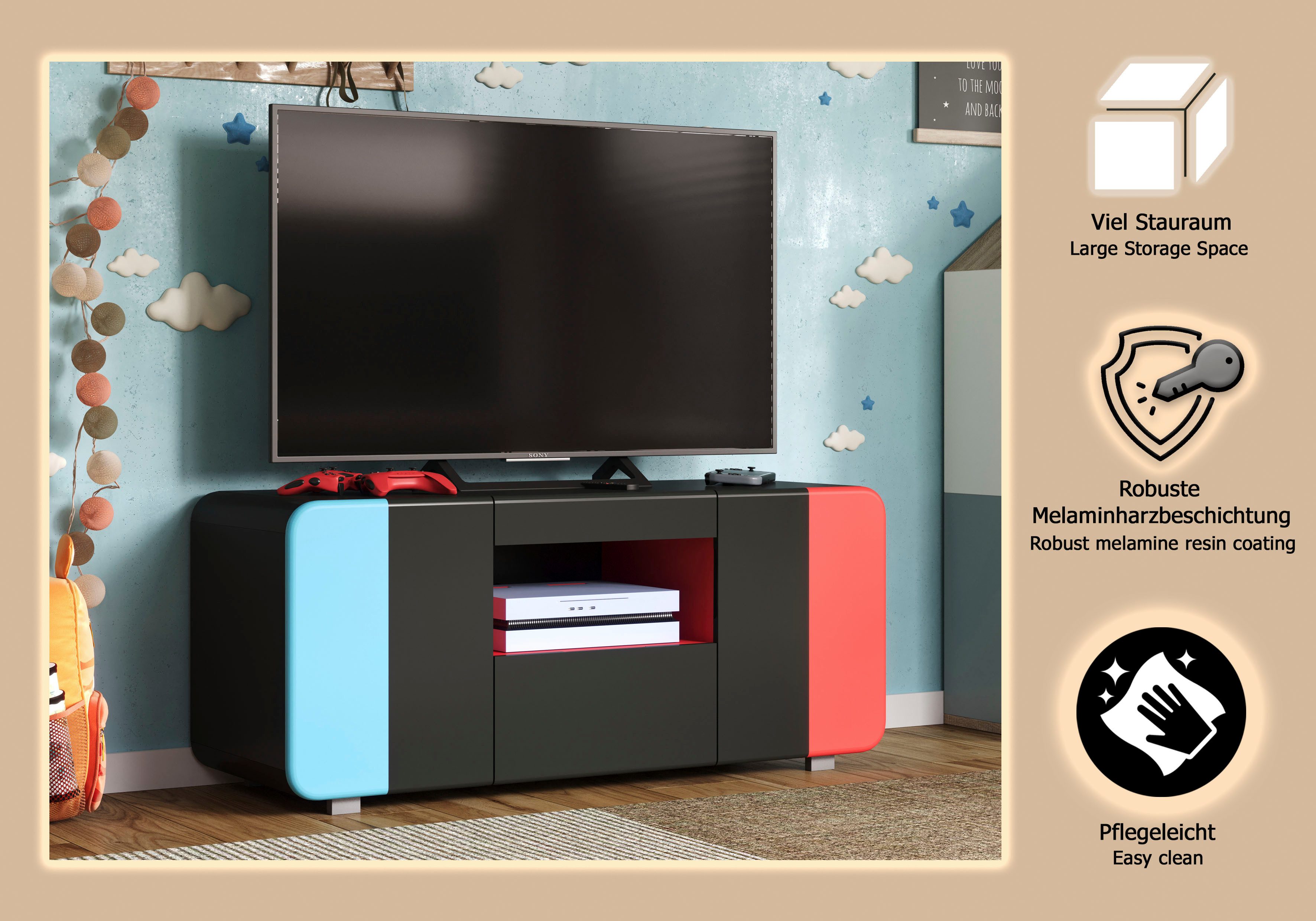 INOSIGN Lowboard NextLevel speziell geeignet für Spielekonsolen, Gaming-Lowboard wahlweise mit Beleuchtung - (B/T/H) 115/42/49 cm