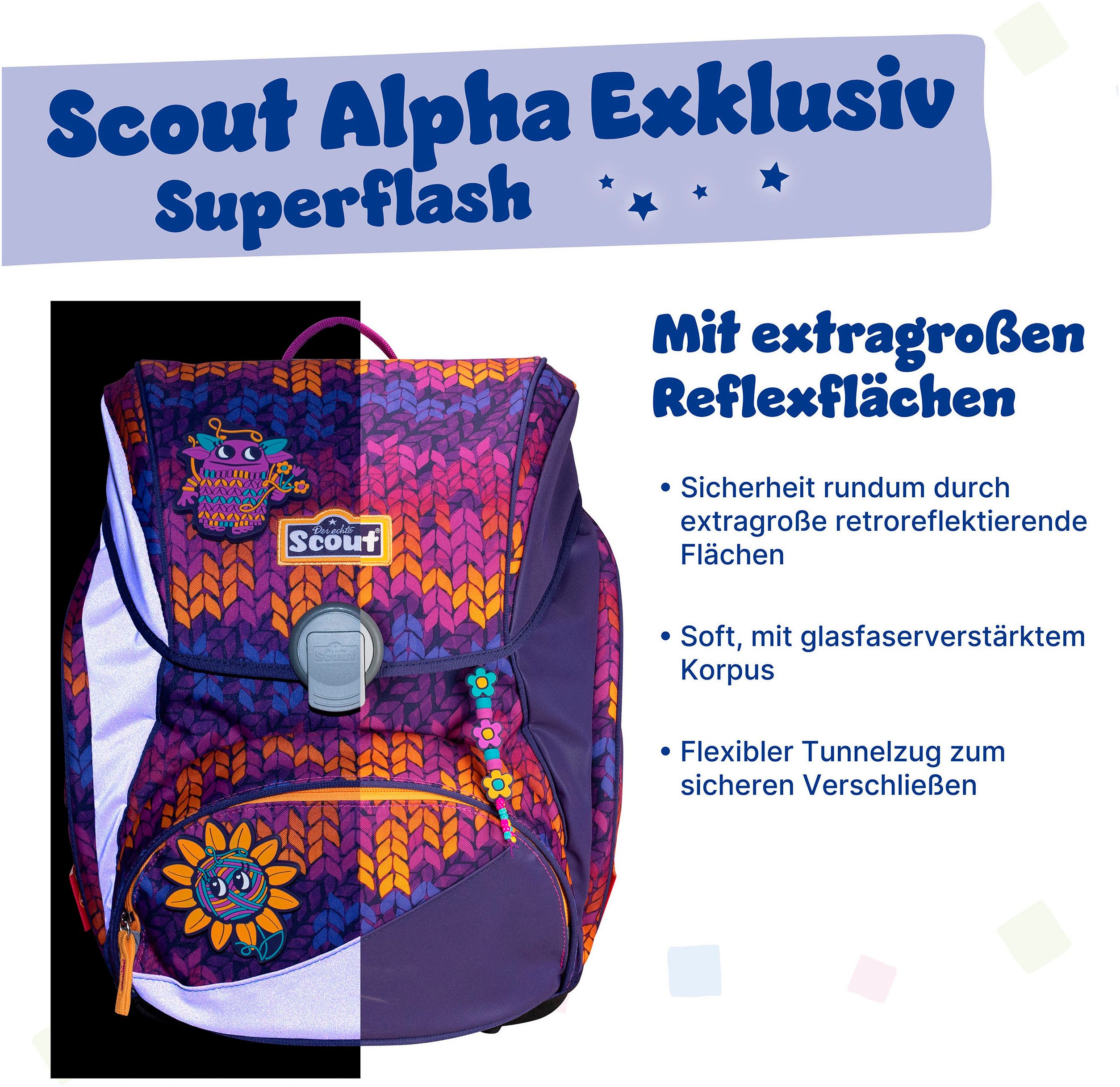 Scout Schulranzen Alpha Superflash, Fantasy (Set, 4-tlg), mit retrorefl. Flächen & 2 Funny Snaps; enthält recyceltes Material