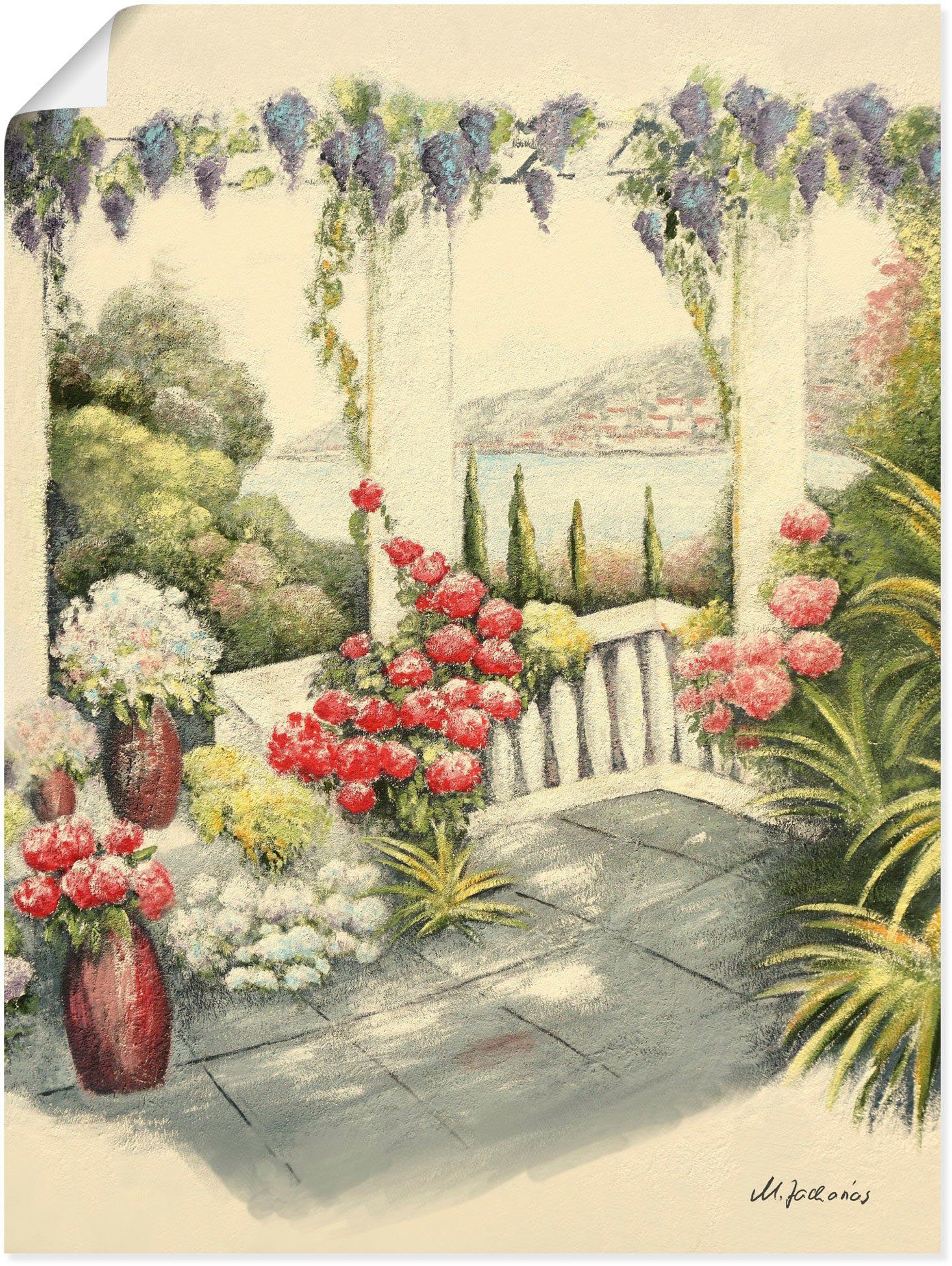 Artland Wandbild Mediterrane St), Fensterblick Größen oder Poster (1 Wandaufkleber Terrasse, als versch. Leinwandbild, in Alubild