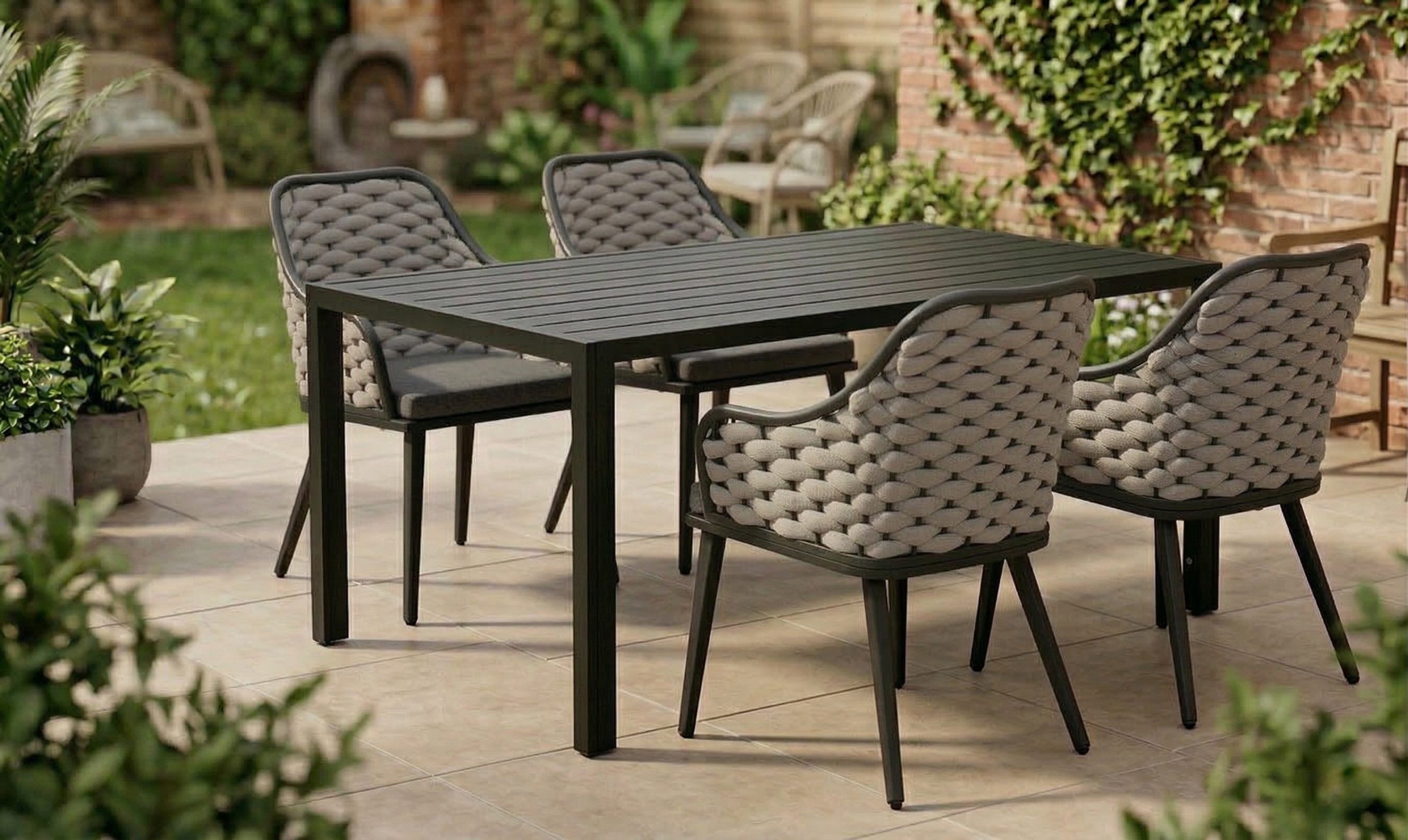 MCW Garten-Essgruppe Garten Essgruppe Set Tisch mit 4 oder 6 Stühlen Rope Seilgeflecht, (5-tlg)