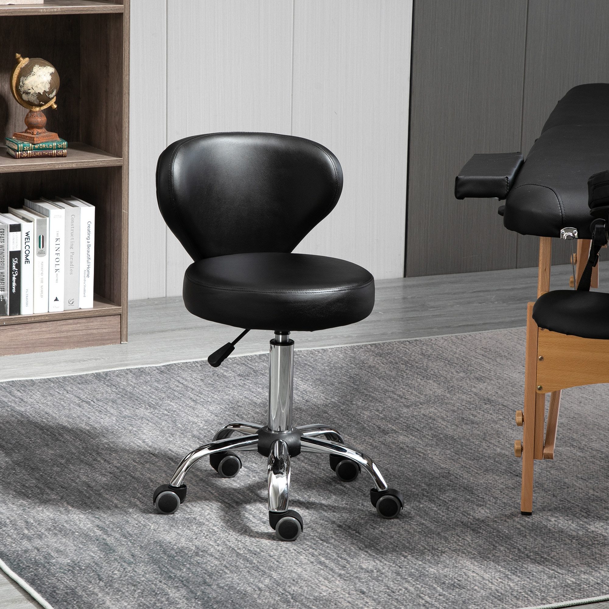 HOMCOM Rollsitz Rollhocker höhenverstellbar mit Rückenlehne drehbar Bürohocker (Arbeitshocker, 1 St., Drehhocker), für Büro, Wohnzimmer, Kunstleder, 45 x 54 x 73-88 cm, Schwarz