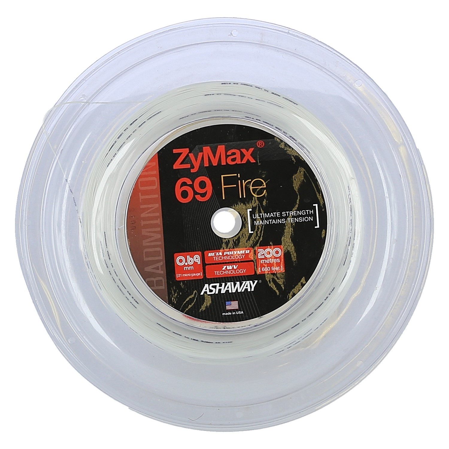 Ashaway Badmintonsaite Zymax 69 Fire (Kontrolle+Grip) weiss 200m Rolle, Saitendicke: 0.69