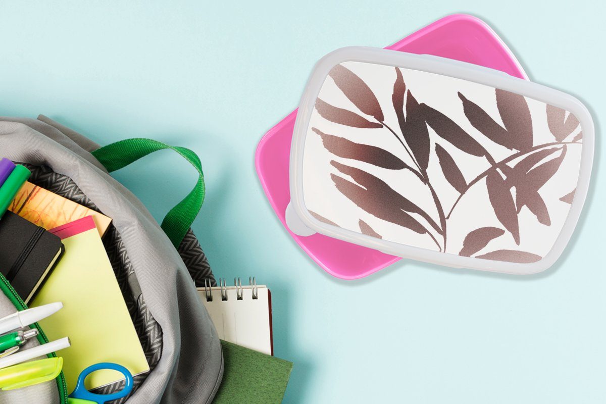 Brotdose rosa Brotbox Blättern Snackbox, - Kunststoff, für Erwachsene, Mädchen, Lunchbox Kinder, MuchoWow (2-tlg), Abstrakt, Design Kunststoff -