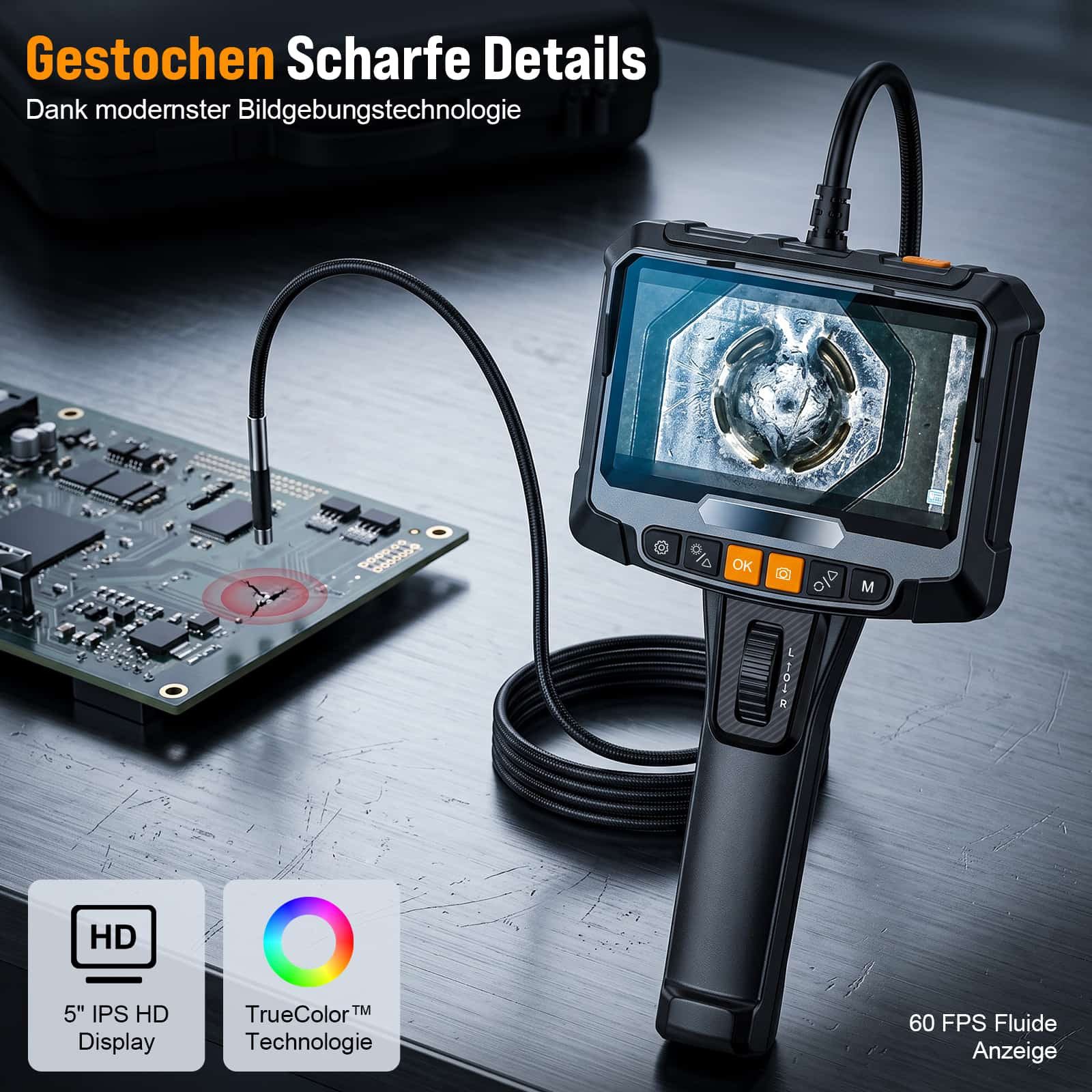 ANYSUN 1080P Endoskopkamera mit Licht Beweglicher Kopf 5" HD Rohrkamera Inspektionskamera (Wasserdicht Endoskop Kamera Kanalkamera mit 9 LED - 2 Meter Kabel)