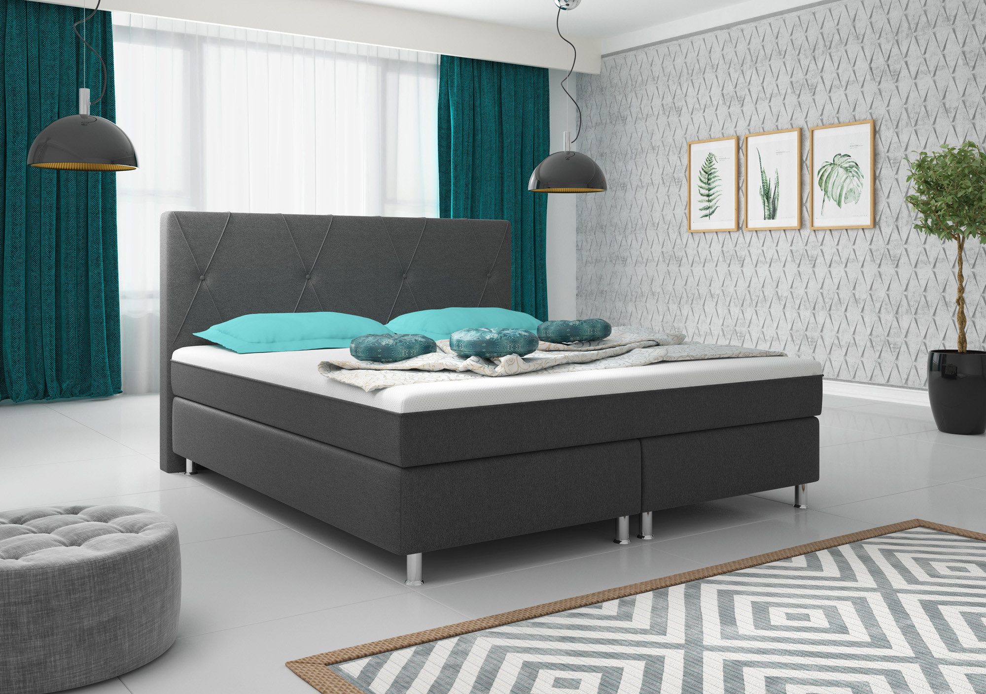 inter Boxspringbett BS Plus mit integriertem Topper 180x200 Webstoff (Kompletbett, Komplettbett Bett 180x200 cm Schlafbett Hotelbett), Sofort Lieferbar