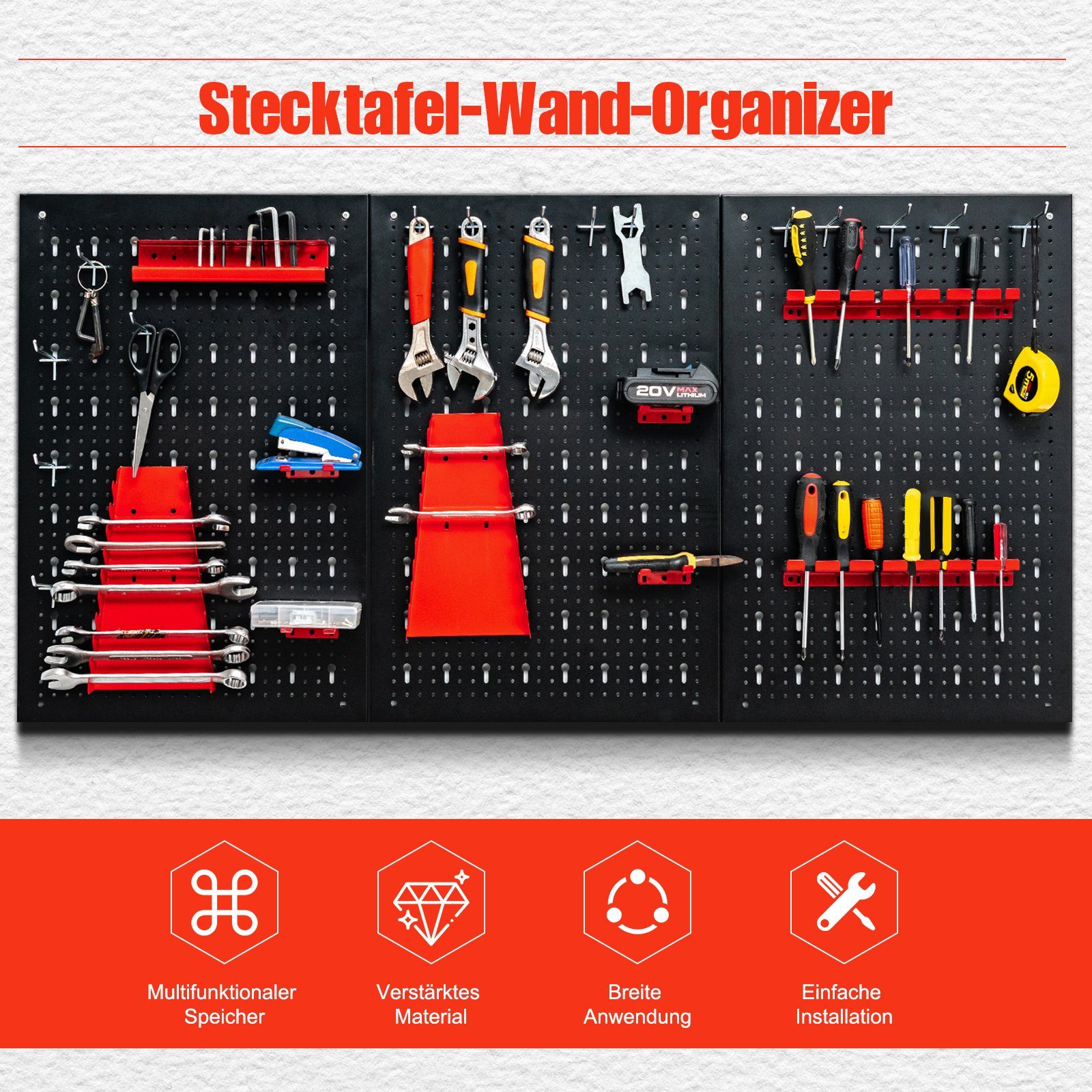 COSTWAY Lochwand, 3 Stk., inkl. 25-teiligem Werkzeugregal-Set, 120x60cm
