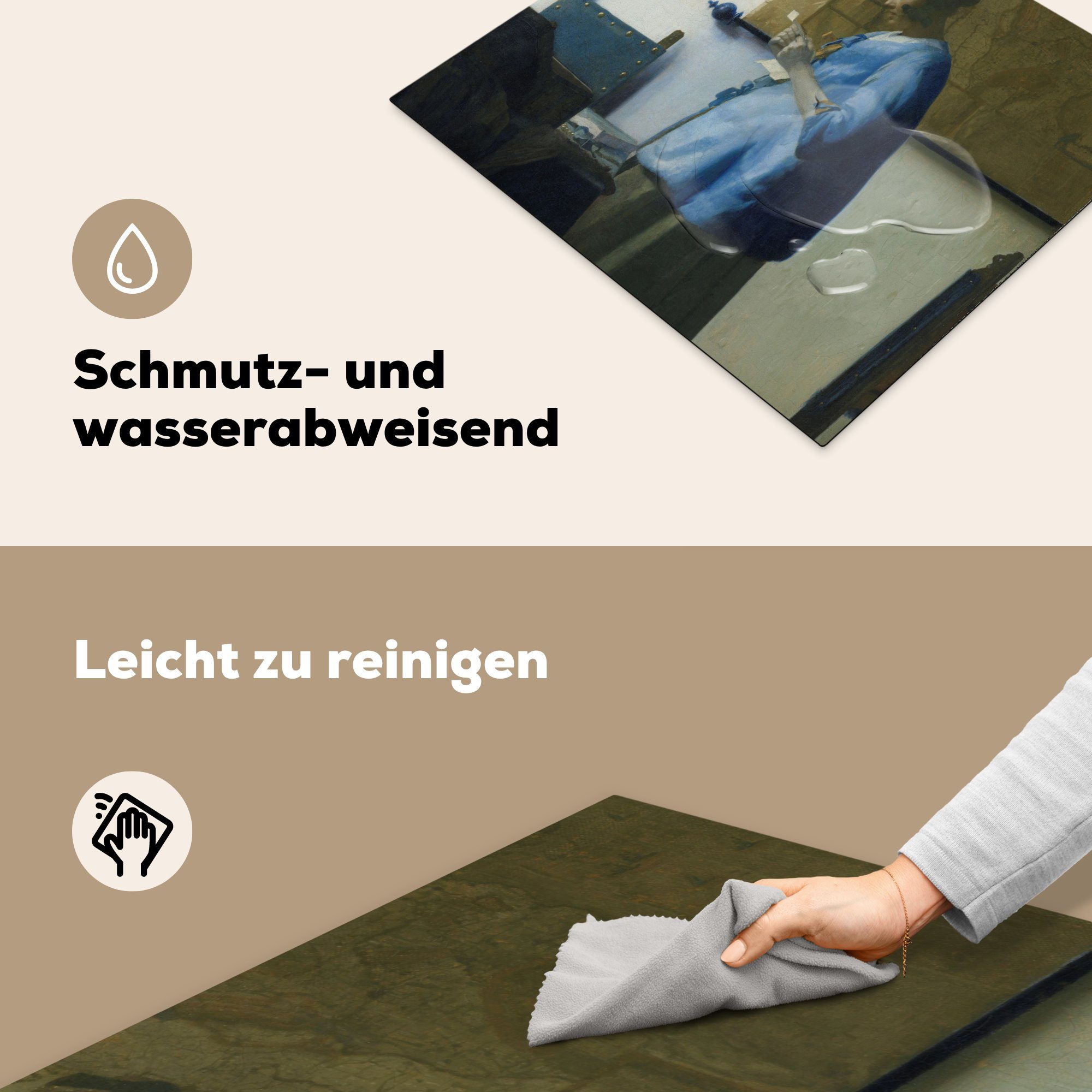 MuchoWow Herdblende-/Abdeckplatte Frau in Blau 59x52 von einen Johannes die tlg), Vermeer, für (1 Induktionsmatte - cm, küche, Brief Gemälde Ceranfeldabdeckung liest Vinyl