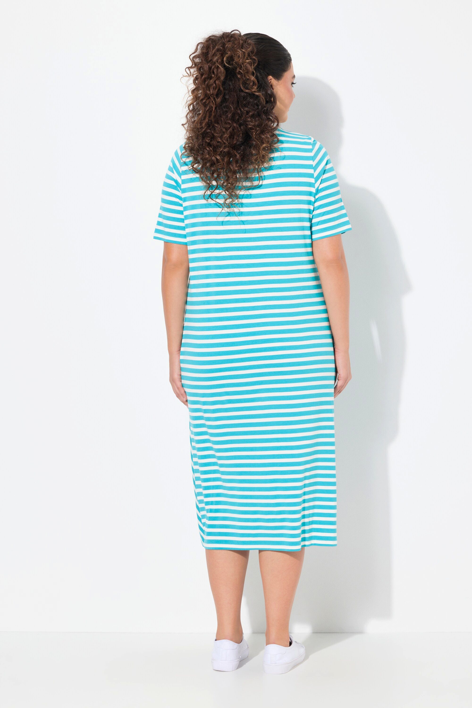Ulla Popken Jerseykleid Midikleid Ringel A-Linie V-Ausschnitt Halbarm