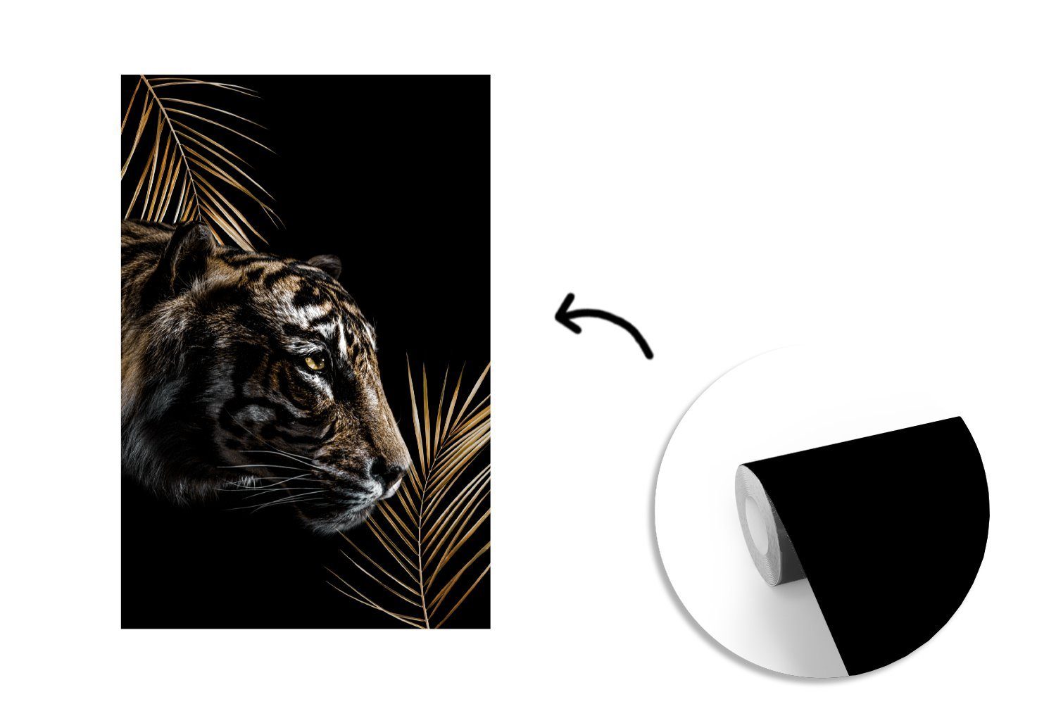 (3 Tiger - - bedruckt, Matt, Pflanzen, St), Wohnzimmer, Fototapete Tapete Montagefertig Wandtapete Seitenansicht MuchoWow Vinyl für