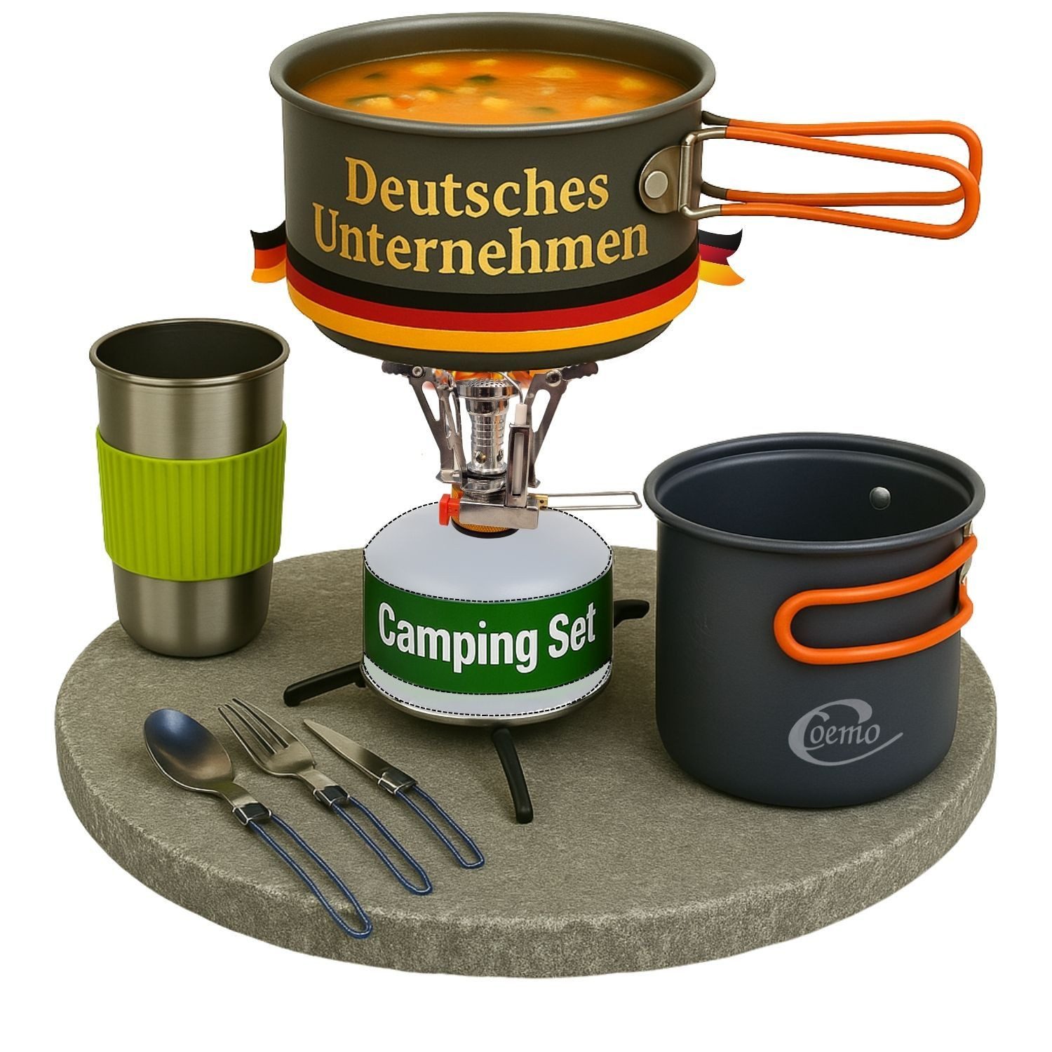 Coemo Geschirr-Set, Metall, Campingkocher mit Besteck, Töpfen, Becher Orange