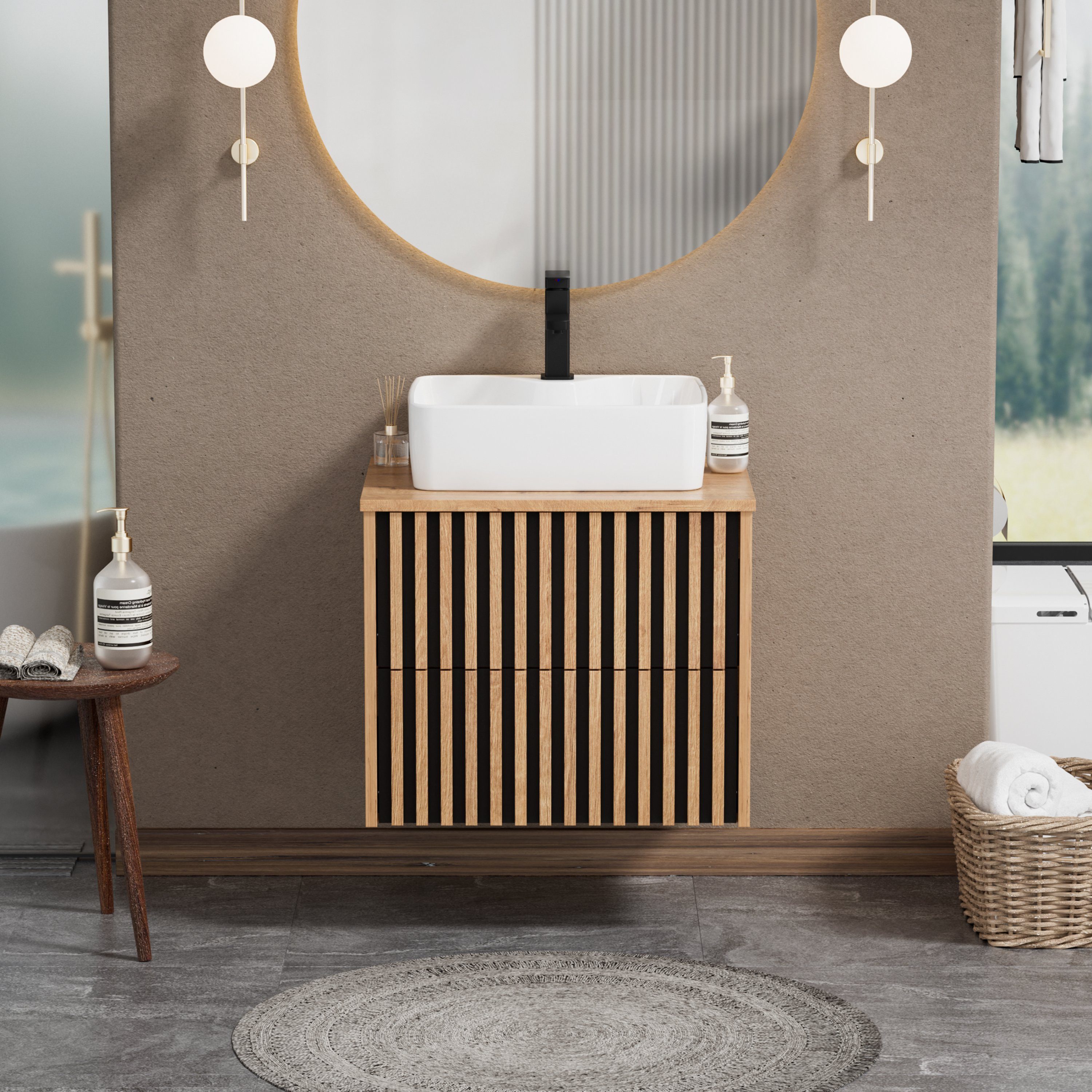 UEV Waschtisch mit Unterschrank hängend Keramik Waschbecken (Packung, Komplett-Set Badmöbel, Badezimmmer Schrank), Waschbeckenunterschrank mit Wasserhahn und Po – Bild 3 von 5