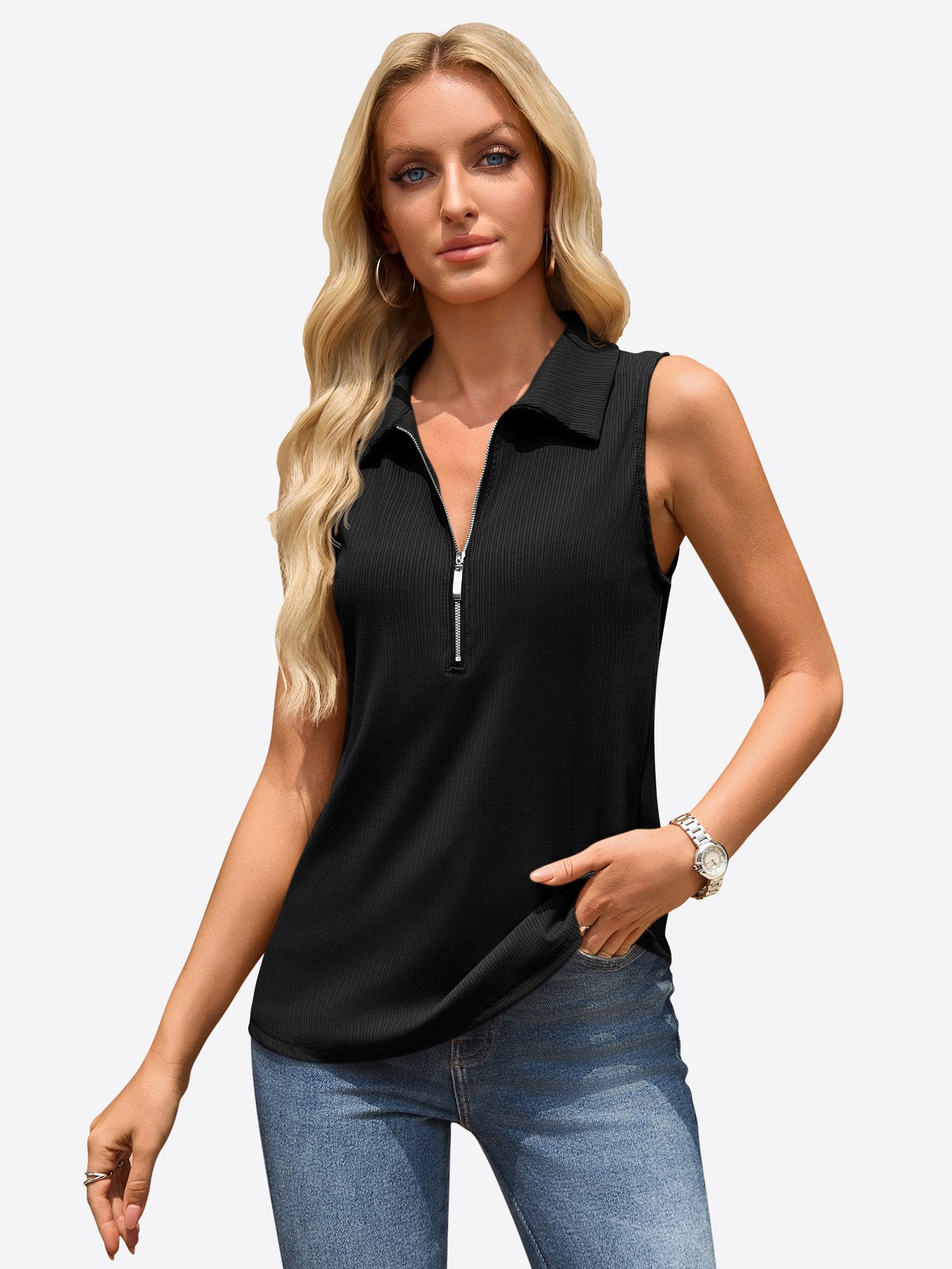 Tanktop Damen Sommer gerippt ärmellos V-Ausschnitt Polo-Kragen