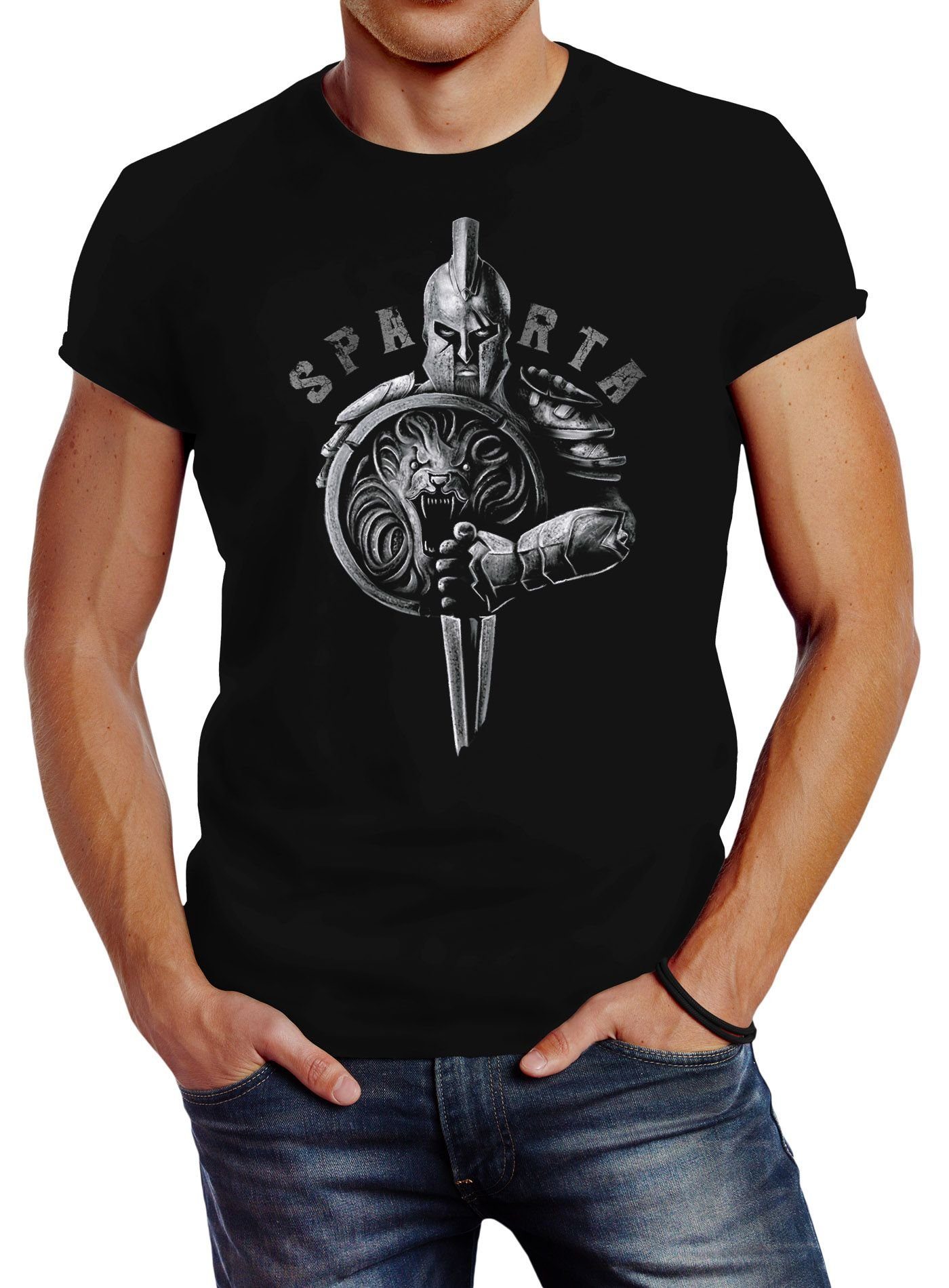 T-Shirt Sparta Warrior Aufdruck Neverless® Fashion Herren Neverless Schild Streetstyle mit Krieger Print Spartaner-helm Löwe Schwert Print-Shirt