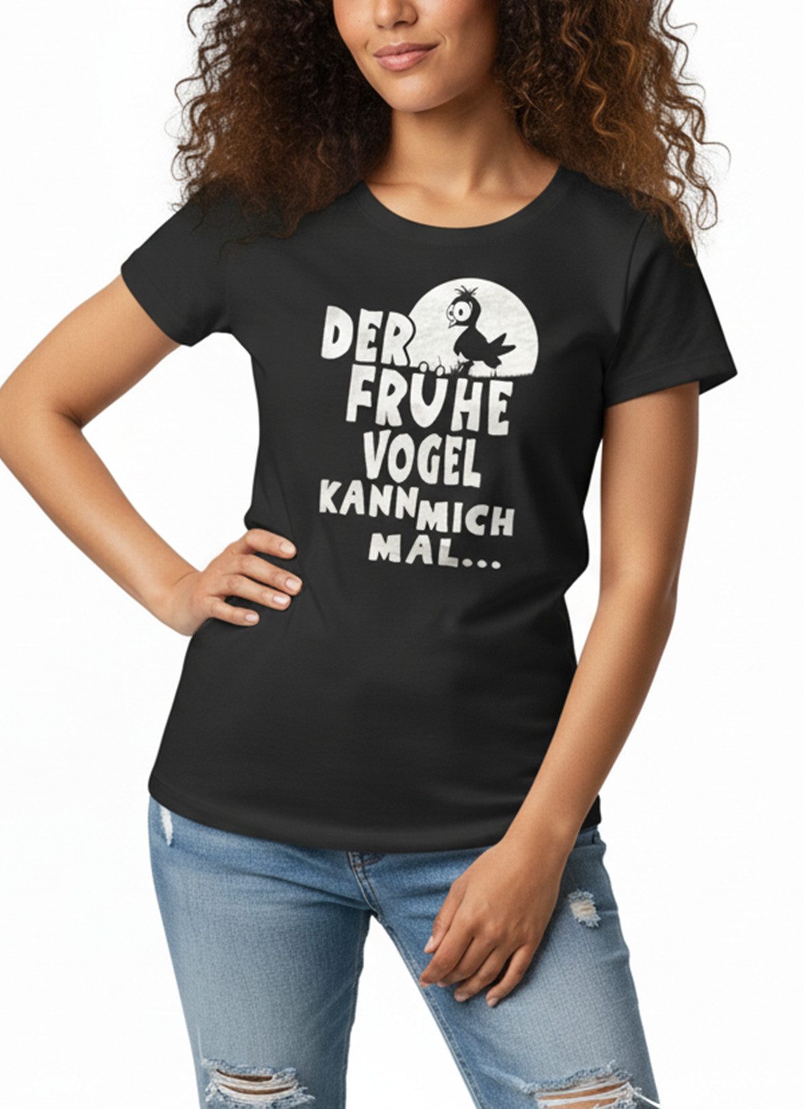MAKAYA T-Shirt Damen Sprüche Top Der Frühe Vogel Print Motiv Frauen Oberteile