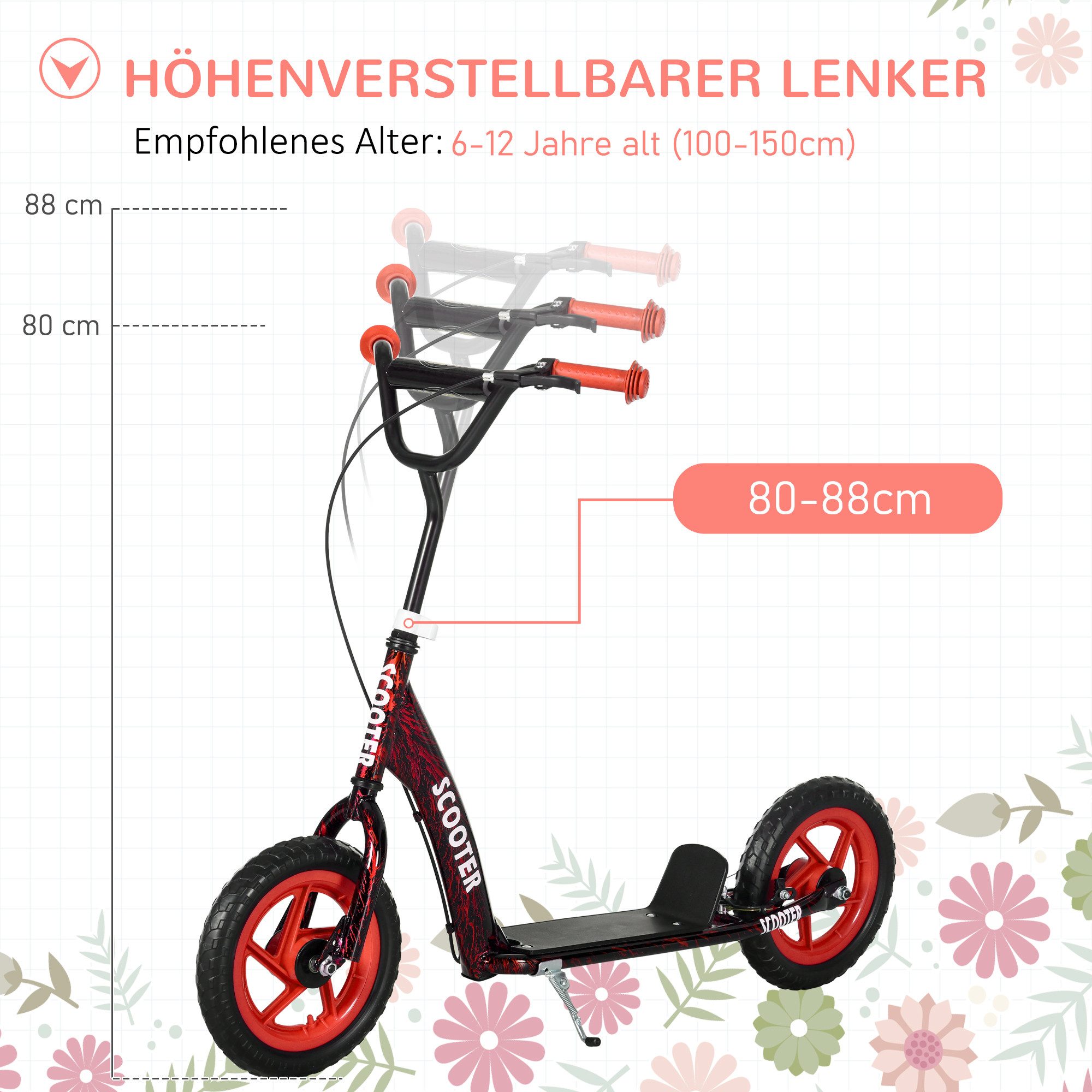 AIYAPLAY Scooter Kinderroller Tretroller mit verstellbarem Lenker, großen Rädern, 0 km/h, (Kinderroller, 1 tlg., Tretroller), für Kinder im Alter von 6-12 Jahre – Bild 4 von 5