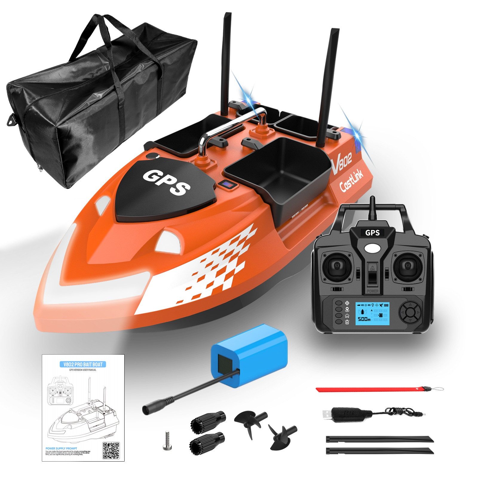 LOKEEVAN RC-Boot V802PRO, GPS mit 160 Speicherpunkten,4 unabhängige Futterkammern,500 m
