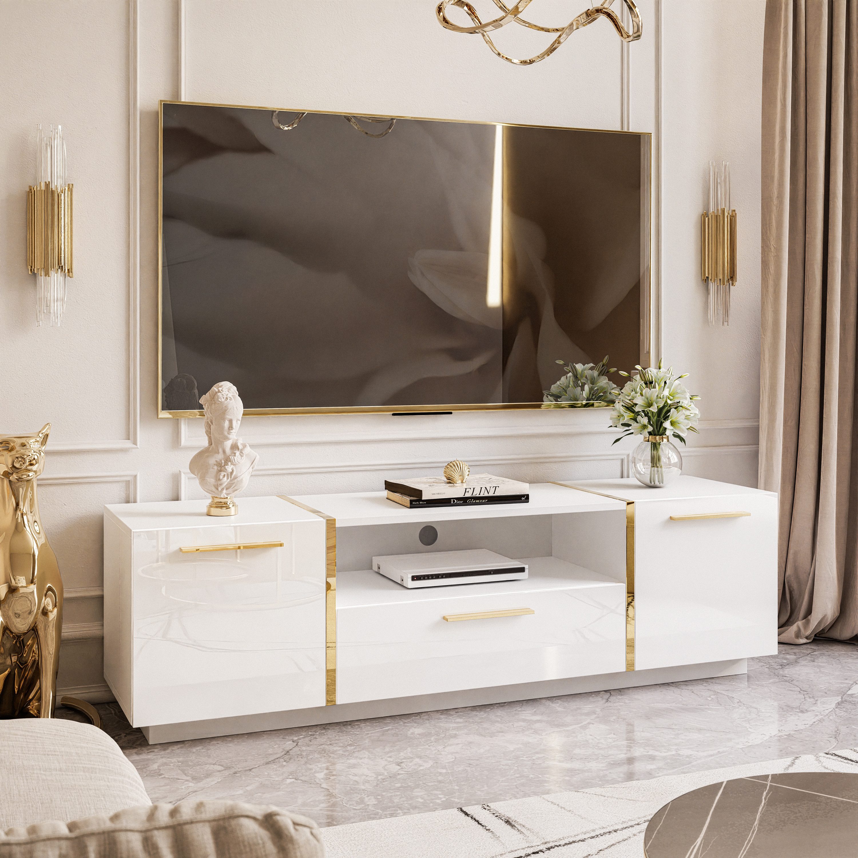 Lookway Lowboard TV ONYX Eleganter Hochglanz Fernsehtisch mit goldenen Grif günstig online kaufen