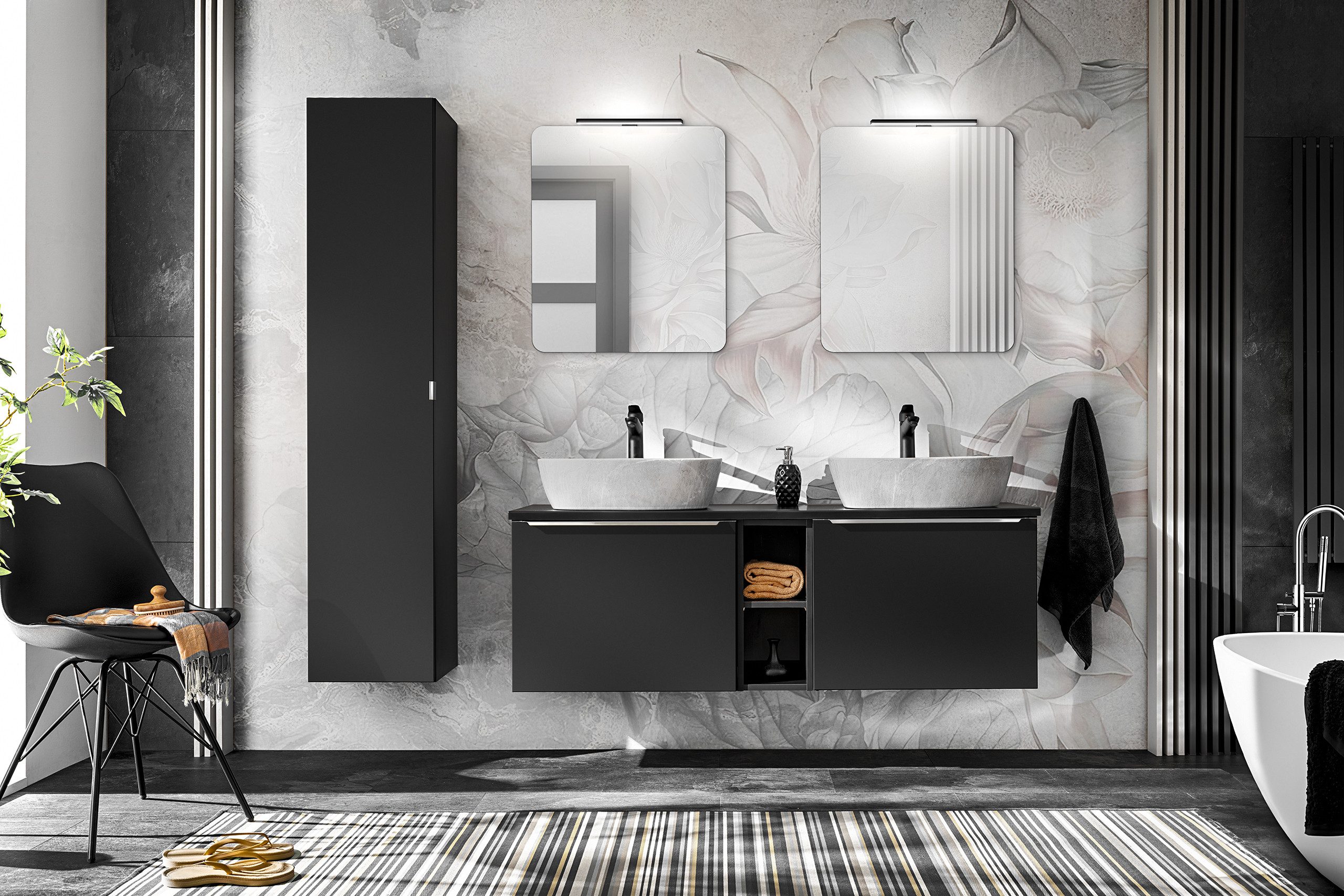 Badmöbel-Set Serie AKAN Set Spiegel 6/8 tlg in Schwarz 140cm
