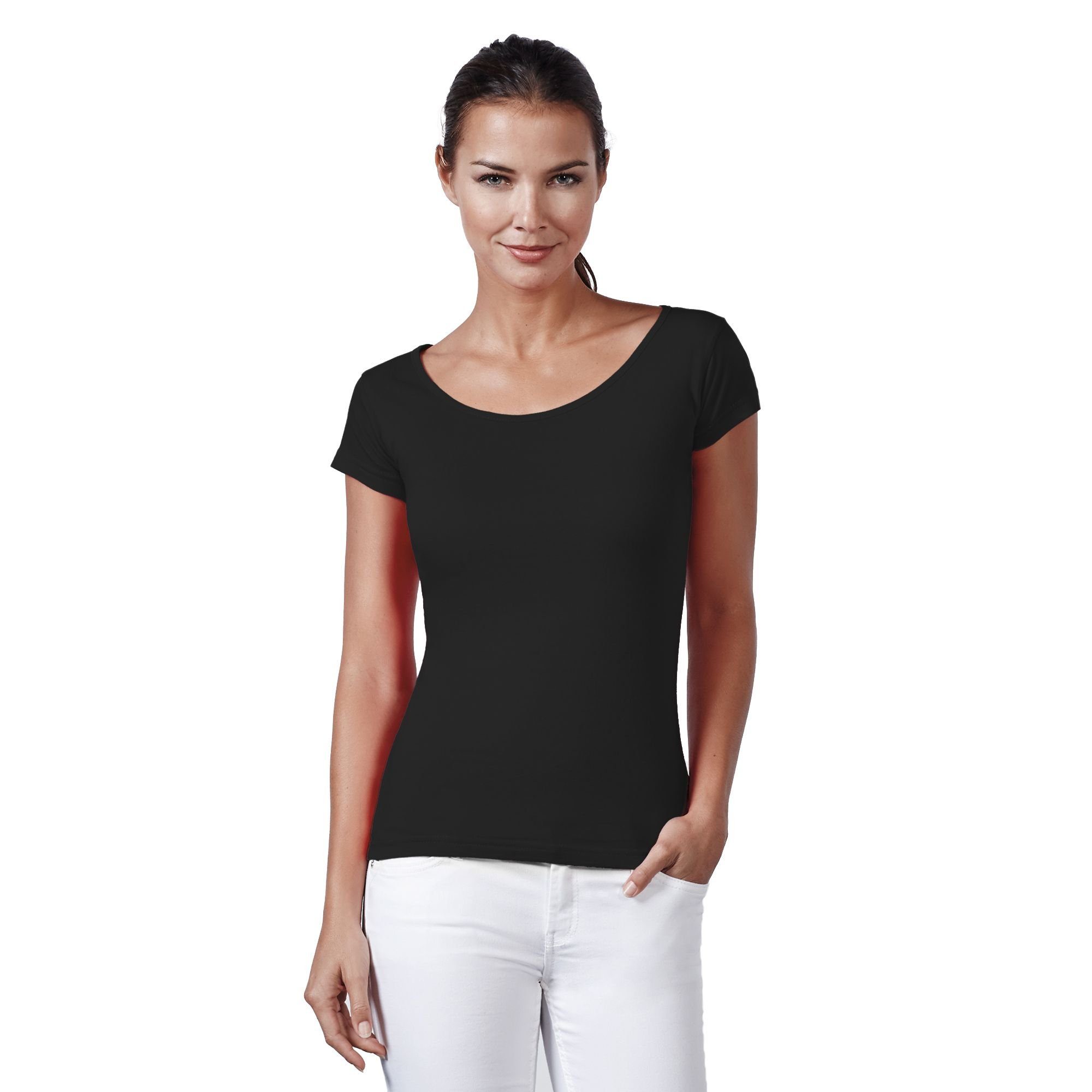 Neverless Print-Shirt Neverless® Basic T-Shirt Damen Slim Fit Baumwolle einfarbig Weiter Rundhals Ausschnitt mit Print schwarz | T-Shirts