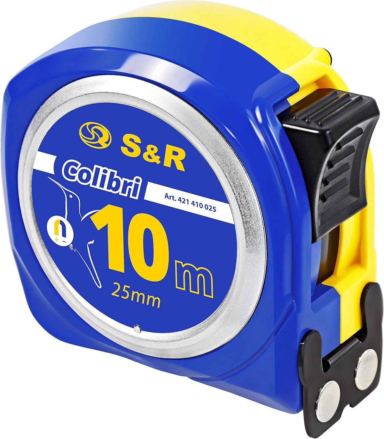 S&R Maßband 10 m x 25mm mit Magnet-Haken, kompakt, Nylon-beschichtetes Massband, schlagfestes Gehäuse, Feststeller, Metermaß mit Gürtelclip