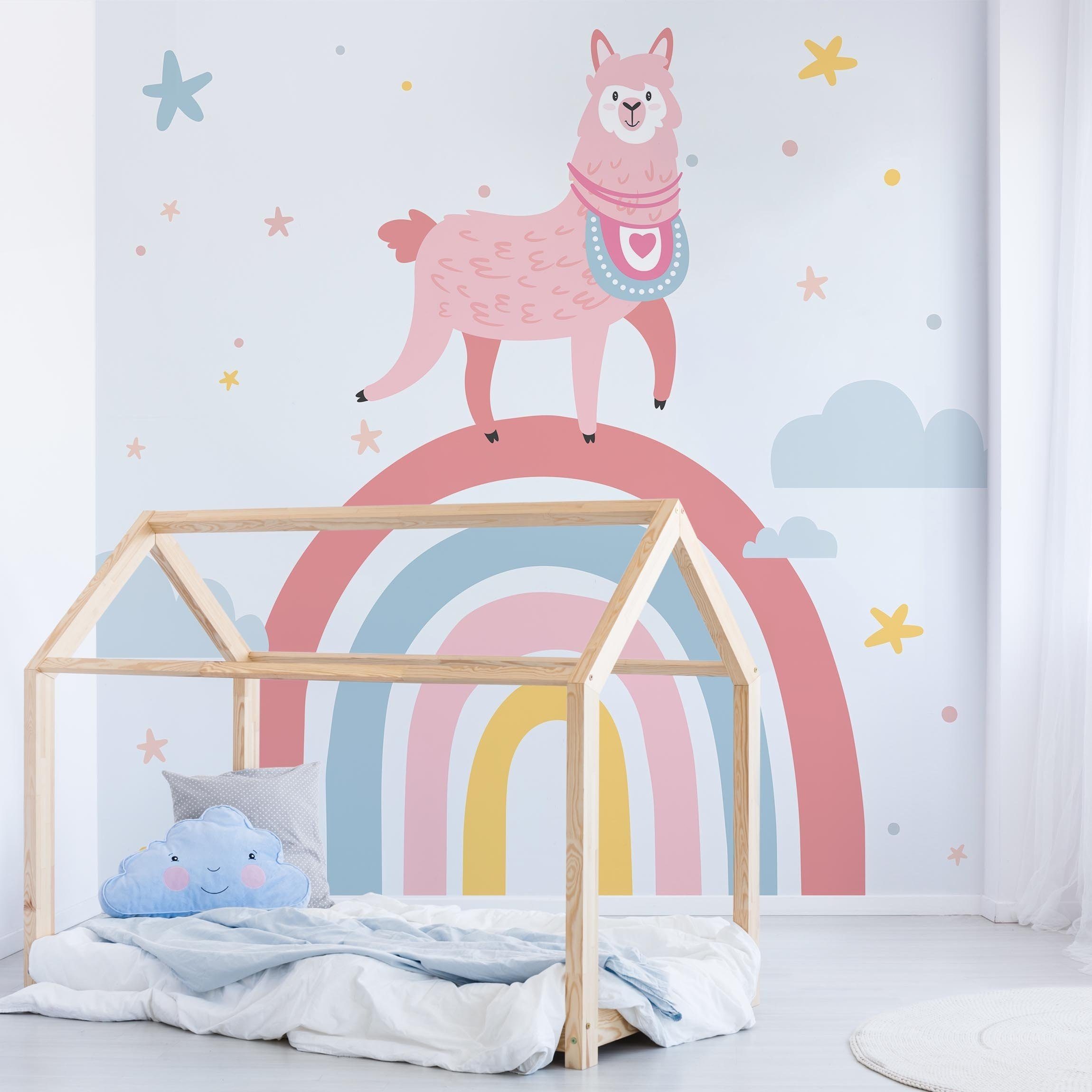 Bilderdepot24 Kindertapete Kinderzimmer Lama Regenbogen Sterne