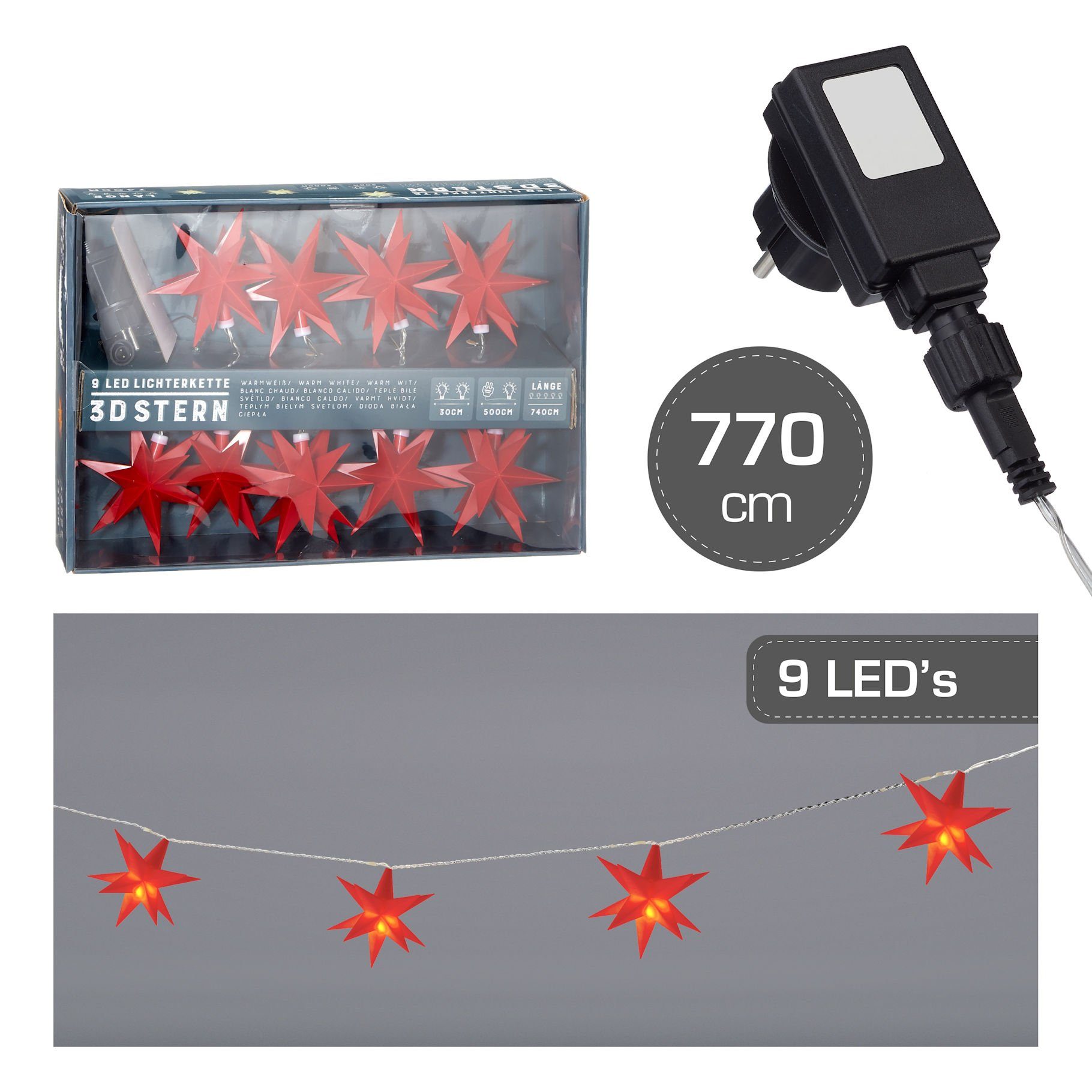 LED-Girlande den Außenbereich Lichterkette Sterne rot, Stern 3D 9 Spetebo LED mit - geeignet in für