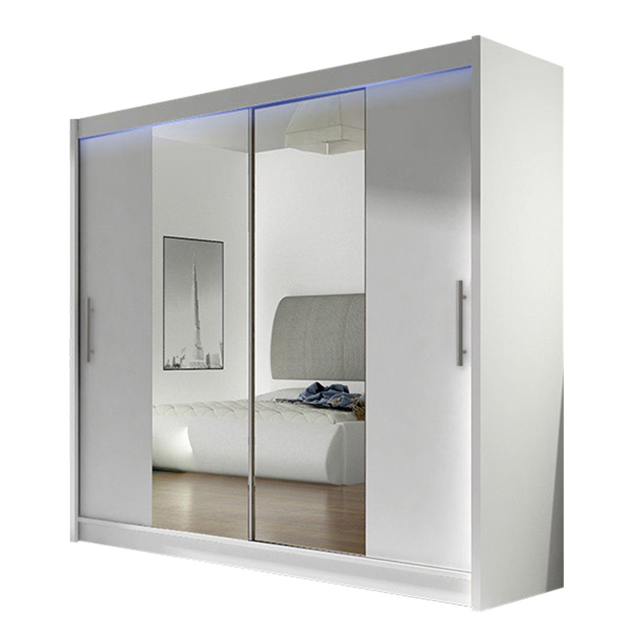 MIRJAN24 Kleiderschrank London II (mit Schiebetüren und Spiegel) 180x215x58 cm, Garderobe, Schiebetürenschrank