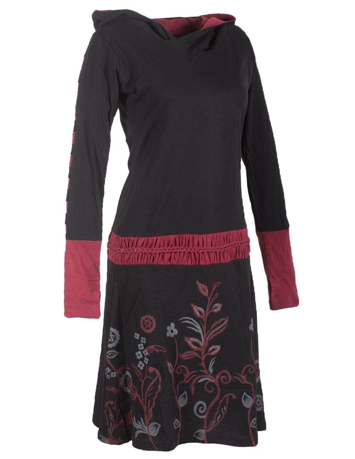 und Gürtel Ethno, schwarz Goa, Kleid Blumen Boho, Vishes mit Jerseykleid Style Elfen geknüpftem Kapuze