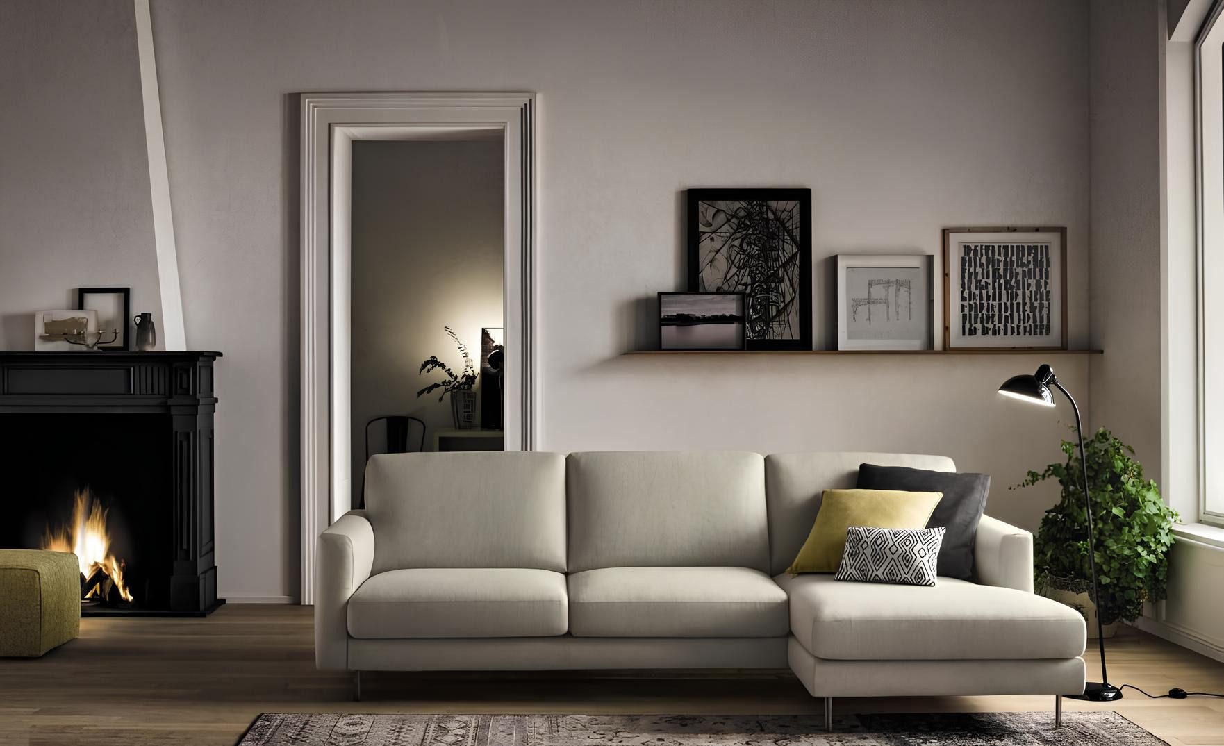 Ecksofa Weißes L-Form Sofa mit Kissen und Edelstahlfüßen