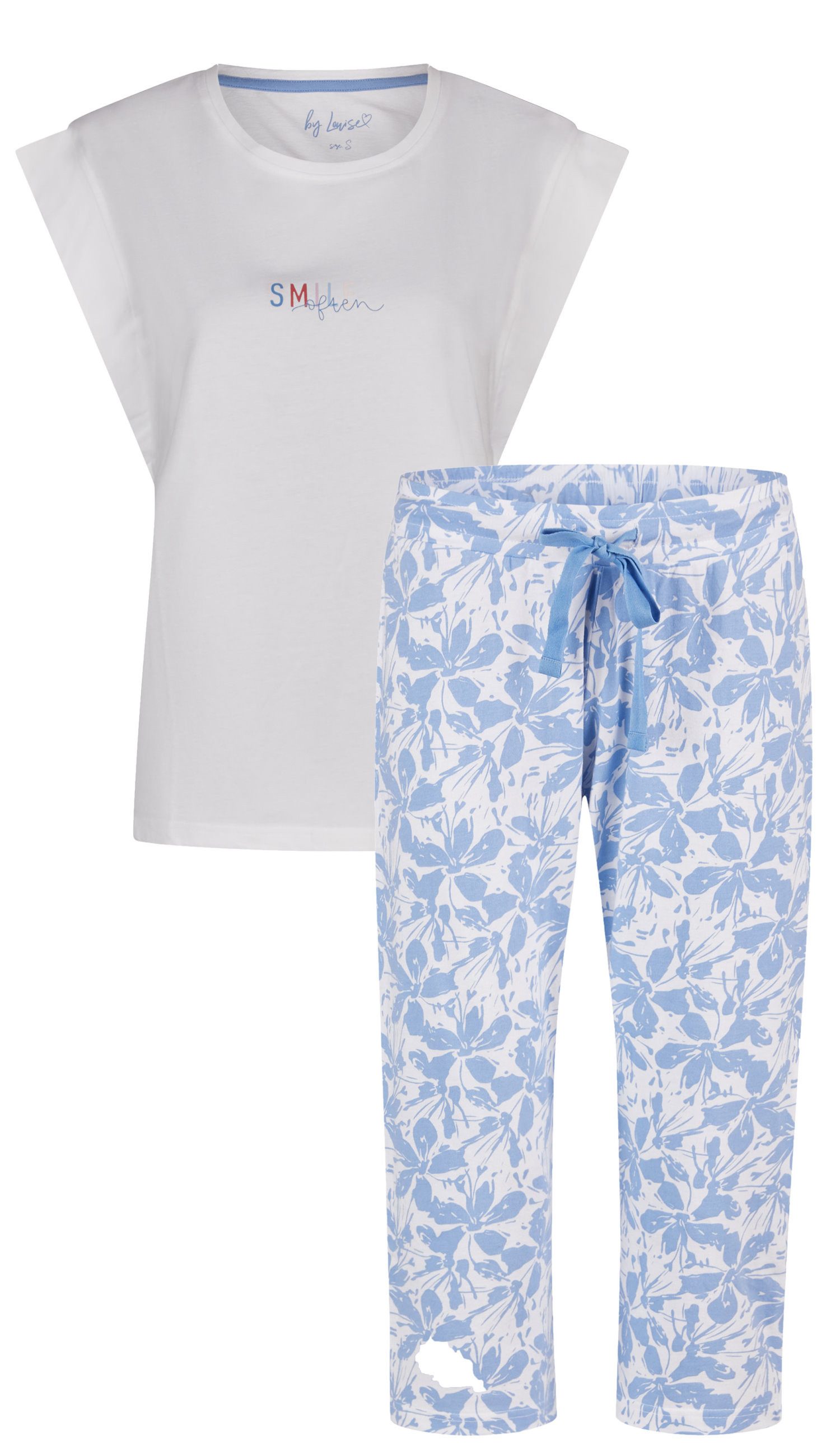 By Louise Schlafanzug Damen Pyjama mit Culotte (2 tlg) Baumwolle Hose mit Blumenmuster