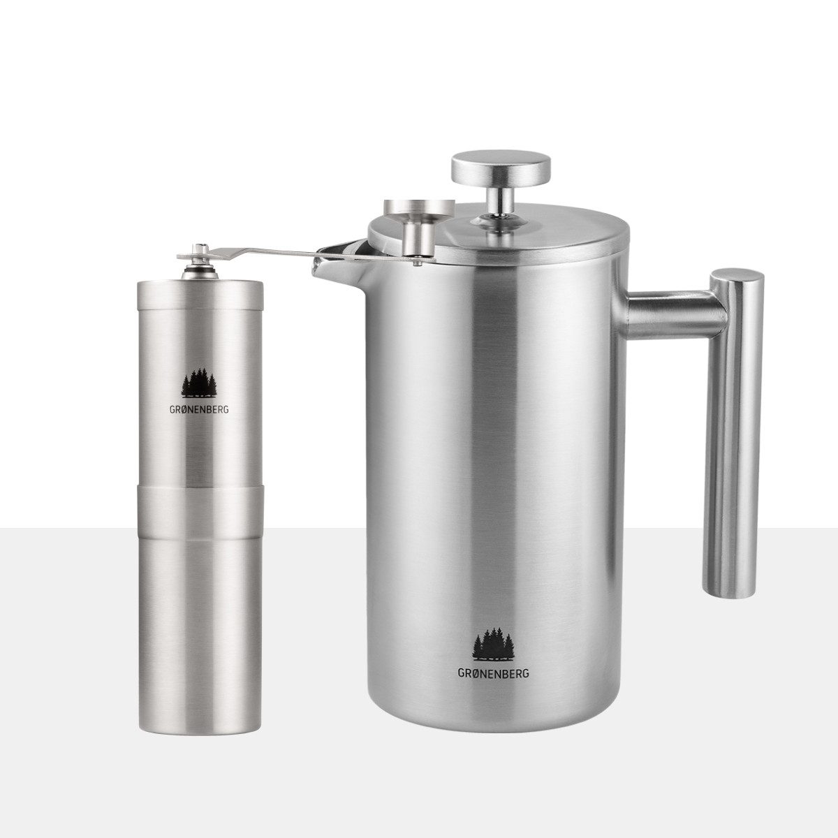 GRØNENBERG French Press Kanne Spar Set 1: Manuelle Kaffeemühle + French Press (350, 600, 1000ml), Edelstahl Kaffeebereiter mit Thermo Effekt & inkl. Ersatz Filter