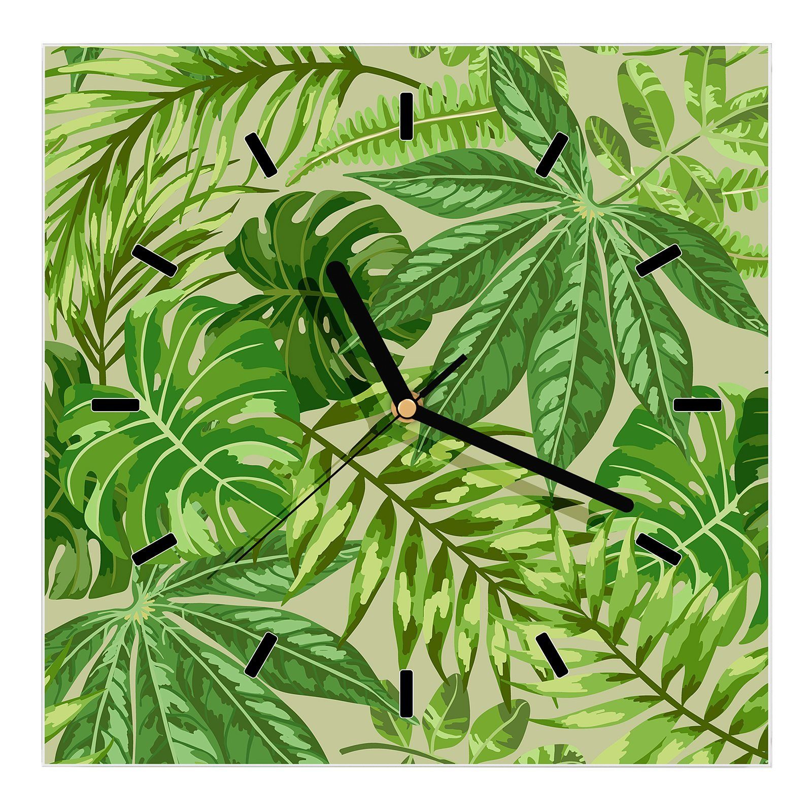 Primedeco Wanduhr Glasuhr Wanduhr Wandkunst Größe 30 x 30 cm mit Motiv Exotische tropische Blätter
